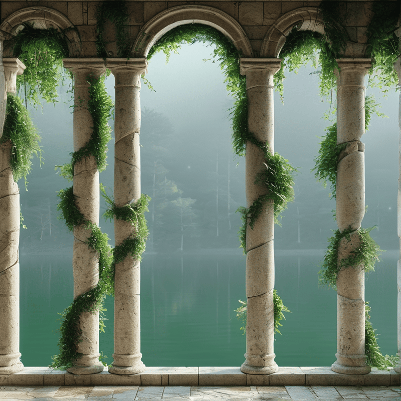 Stone columns draped in green vines frame a teal misty lake with faint forest trees visible through the open arches.