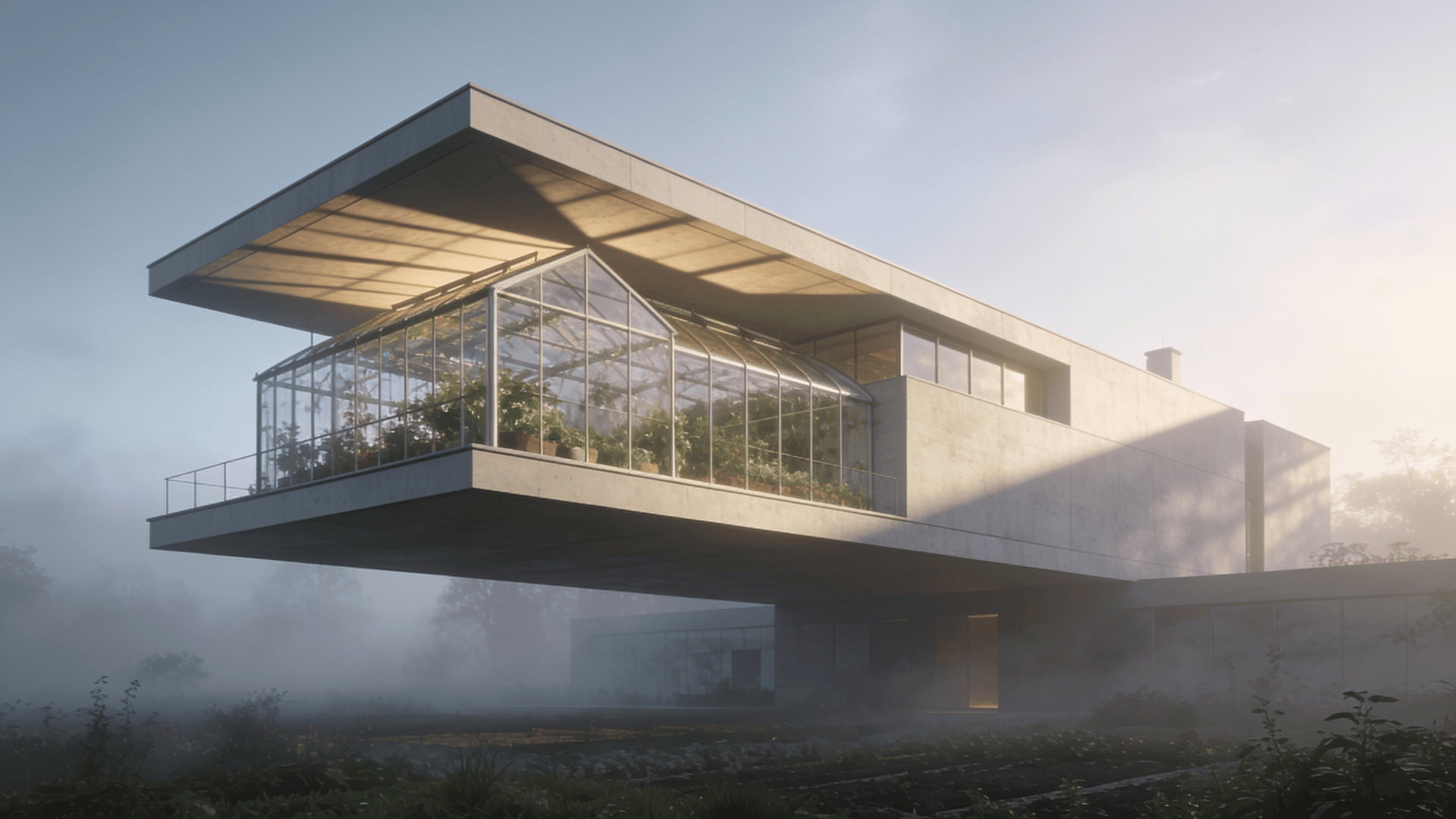 Greenhouse with Floating Cantilever — Foggy Morning