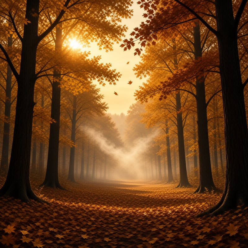 A sunlit forest path covered in orange leaves with mist rising between tall trees.