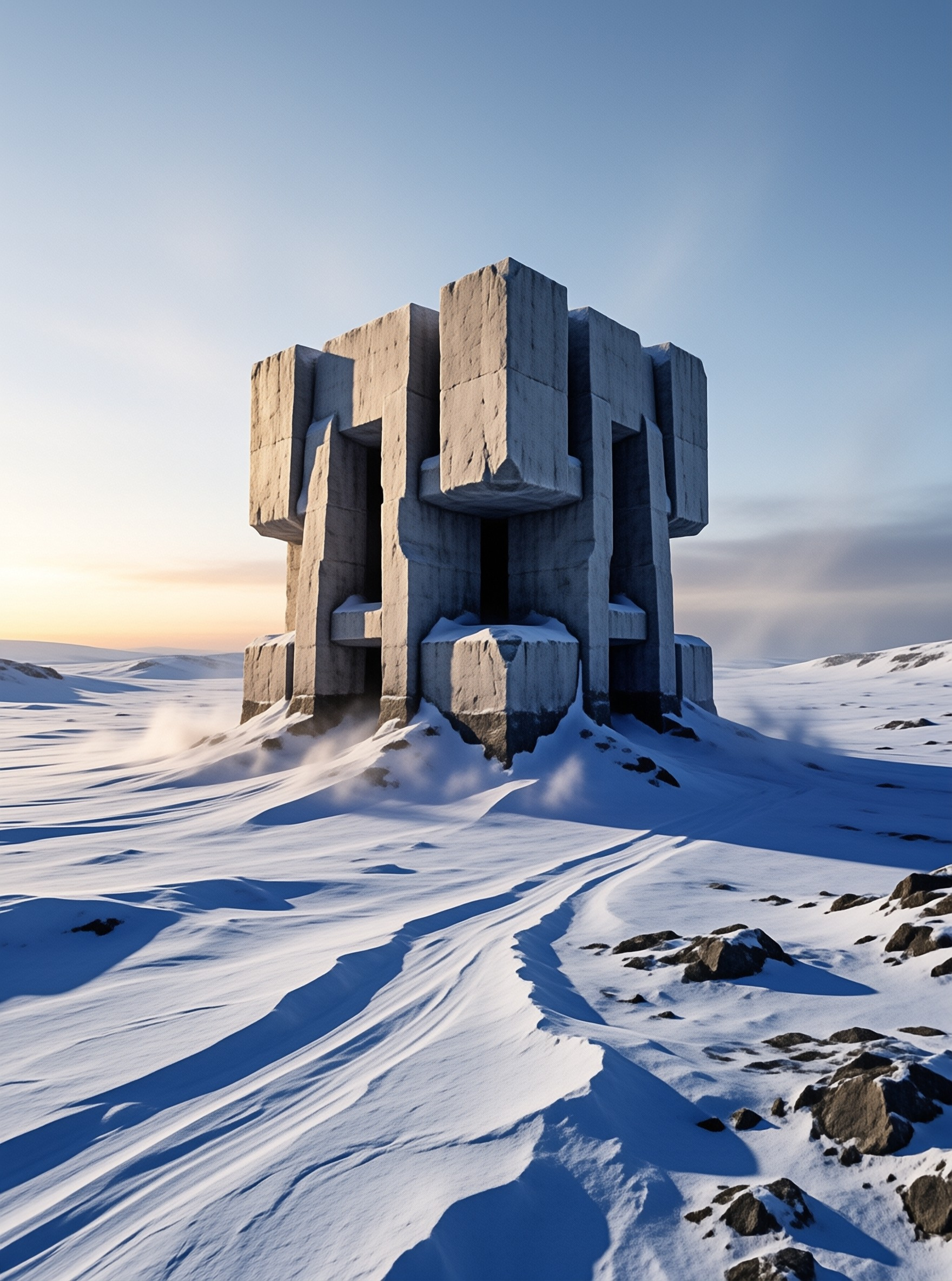Massive interlocking grey blocks stand above drifting snow as low winter sun rakes across the frozen plain.
