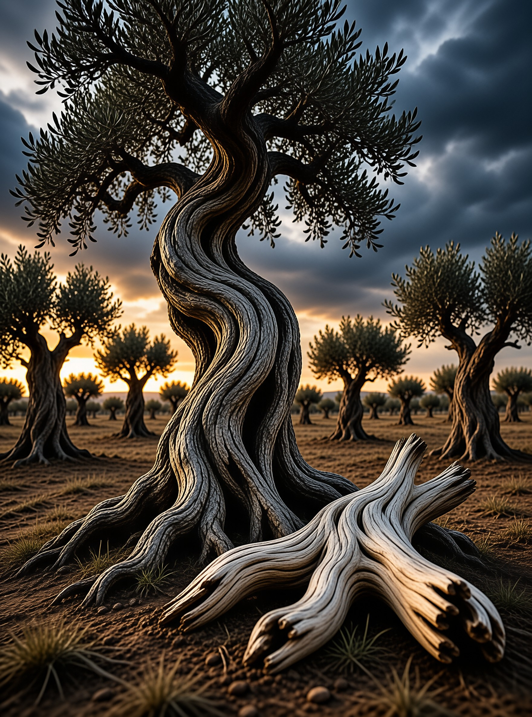 A gnarled olive tree with spiraling bark dominates a dry grove while storm clouds part to golden light at dusk.