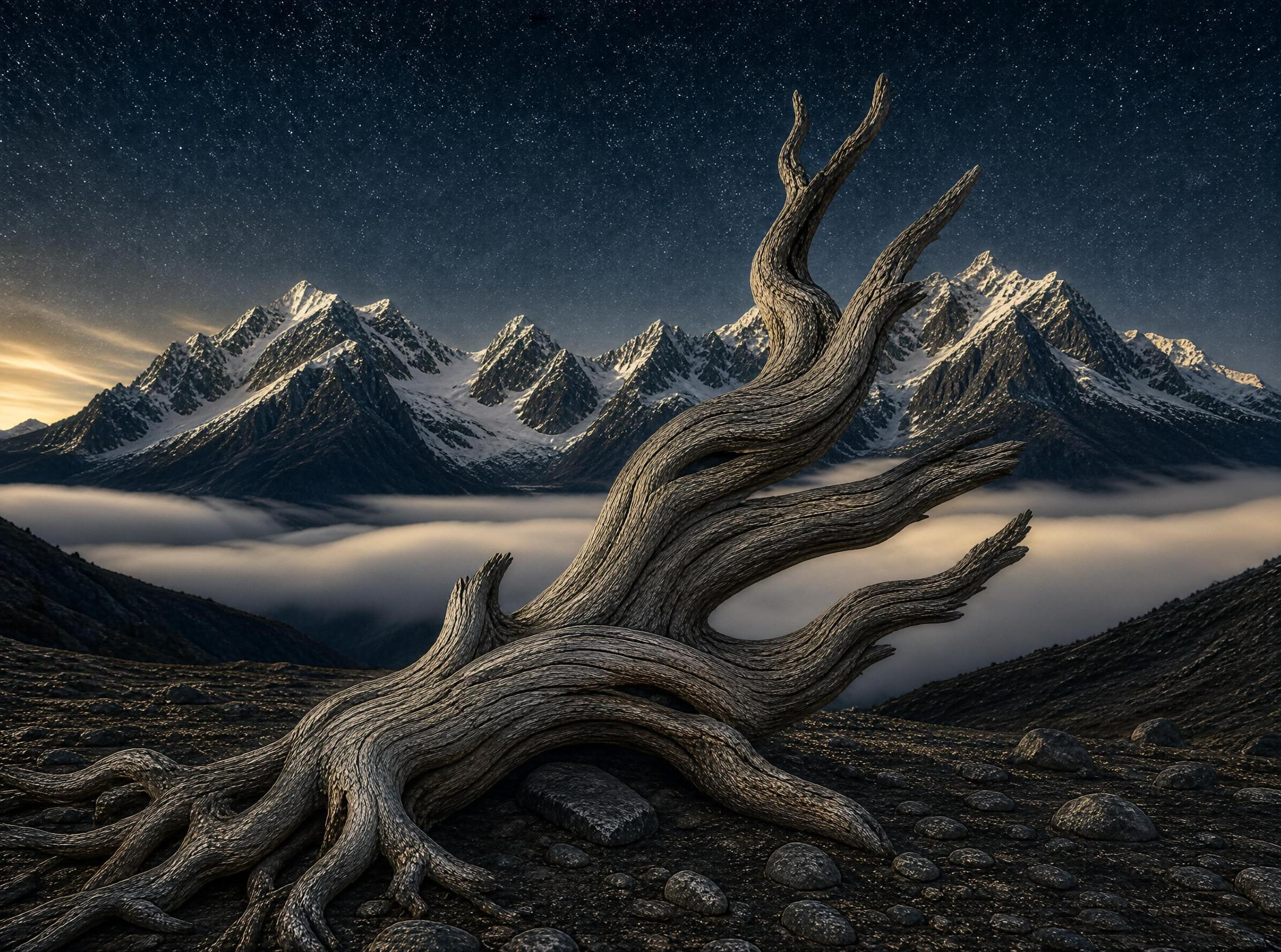 Dead Tree and Snowy Mountains at Night