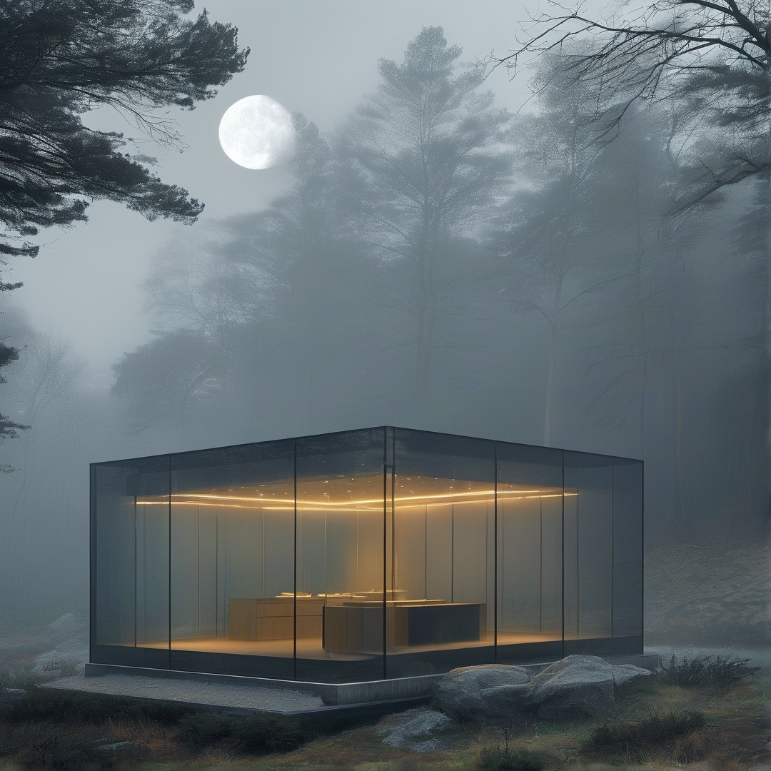 A transparent cubic glass cabin sits inside a fog shrouded pine woodland at night, its warm interior light contrasts against the cool grey mist and the bright full moon visible above the trees.