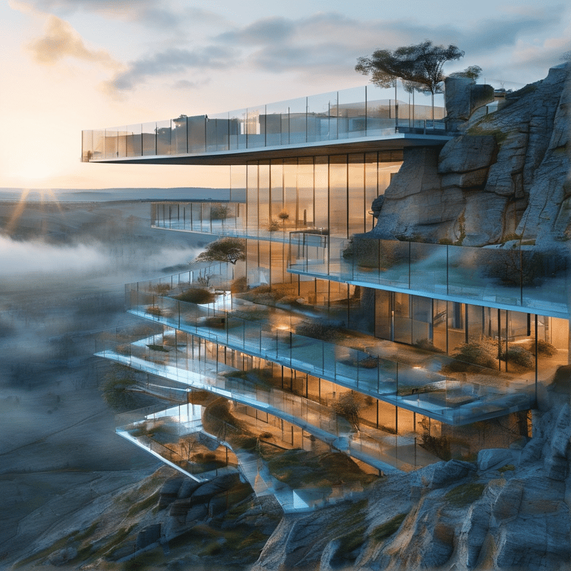 A multi-level glass house cantilevered from a rocky cliff overlooks a misty valley as the sun rises over distant hills