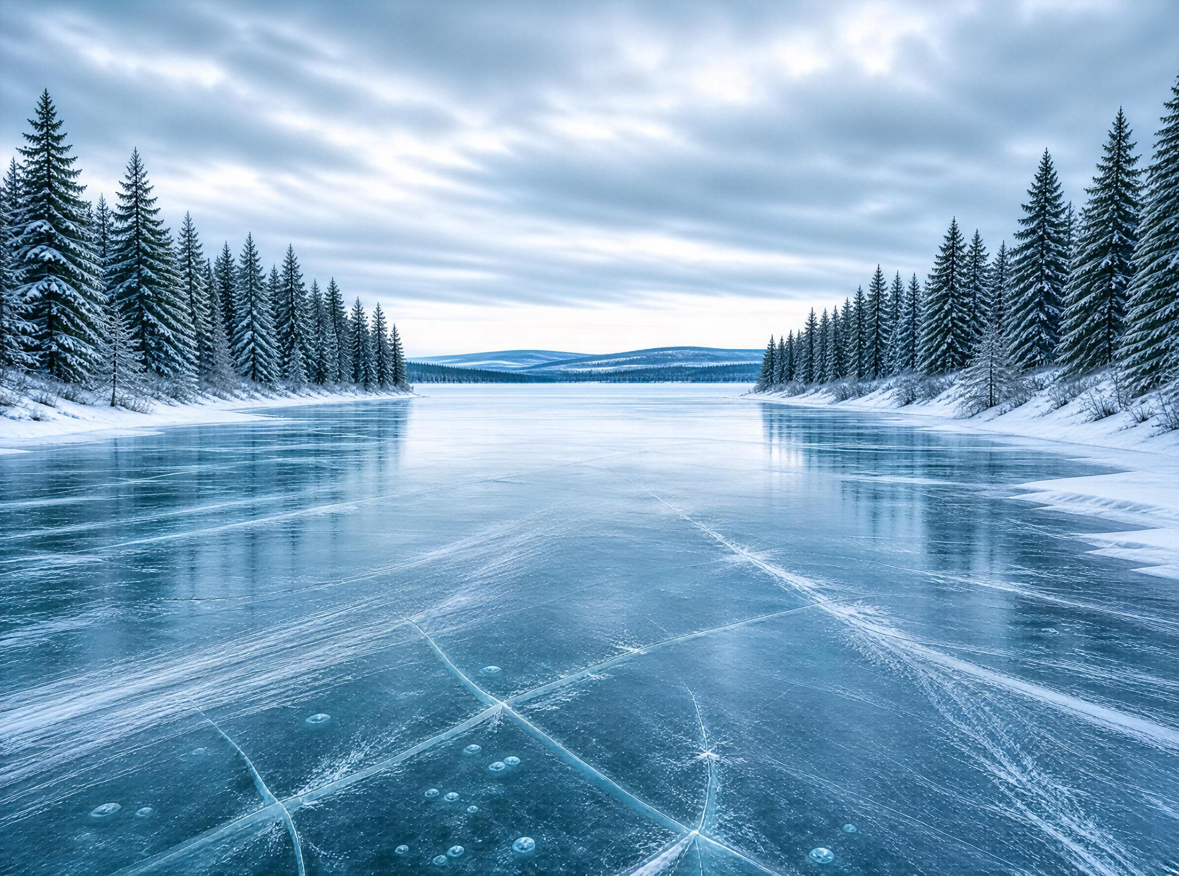 Frozen Lake with Snowy Pines