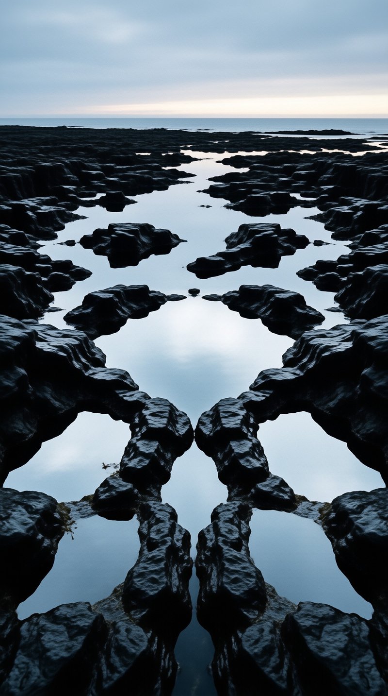 Dark volcanic rock pools reflect a soft overcast sky along a calm shoreline at dusk.