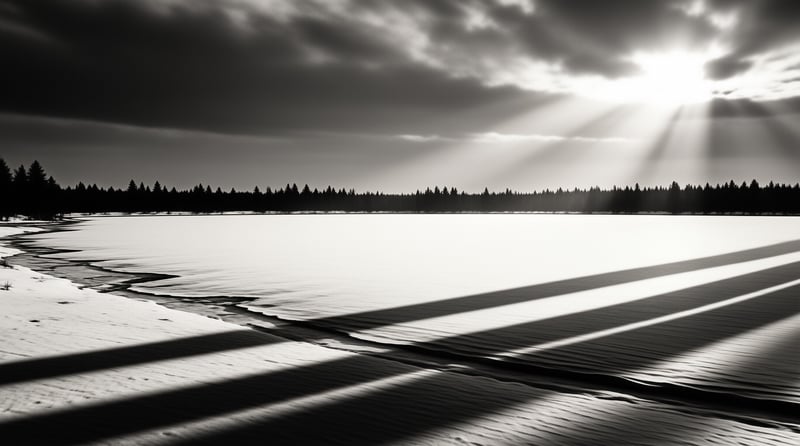 A frozen lake stretches toward a dark forest line while dramatic sunbeams cast long shadows across the snowy ground.