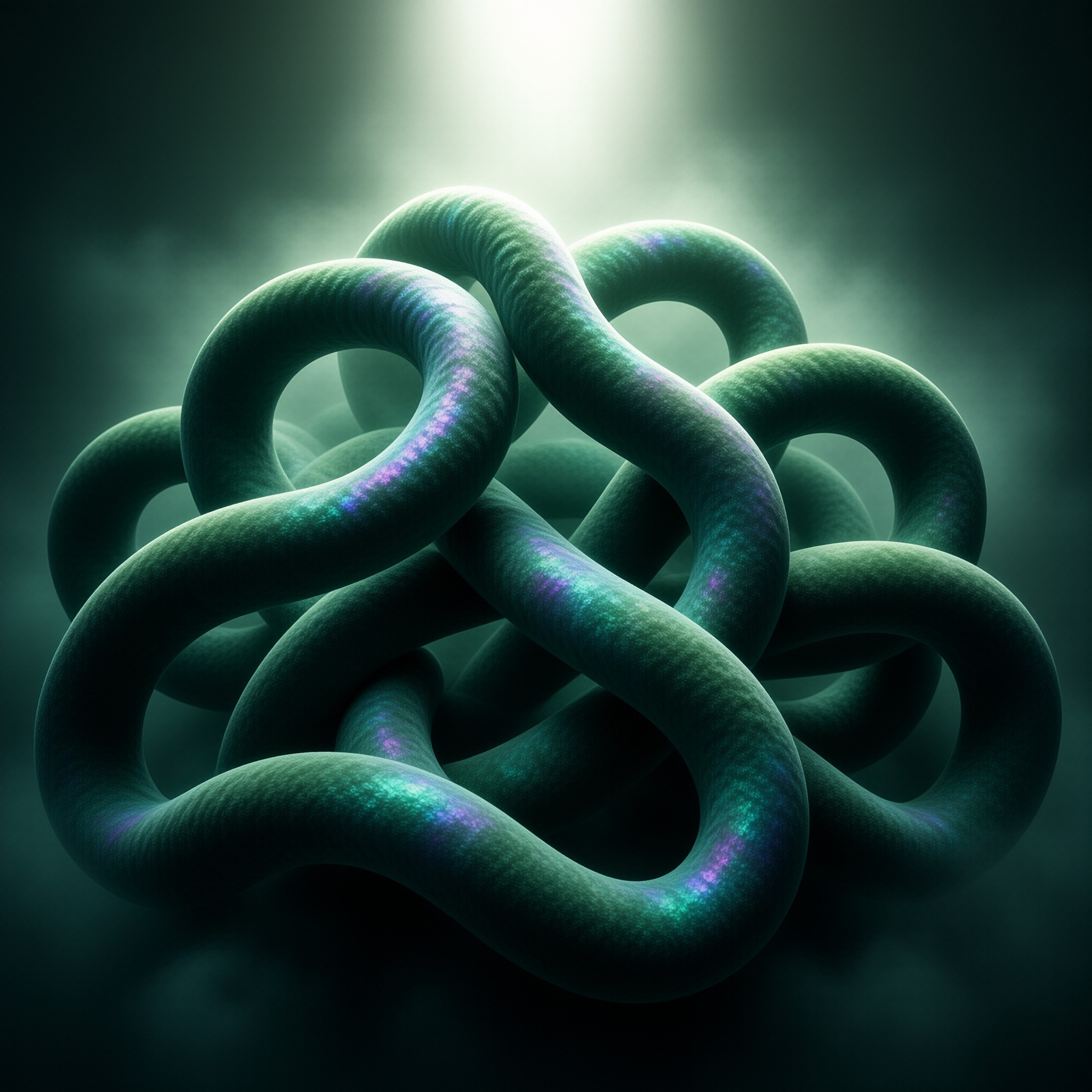 A complex network of glowing green and blue fiber strands coils through a misty dark space with a bright light source above.