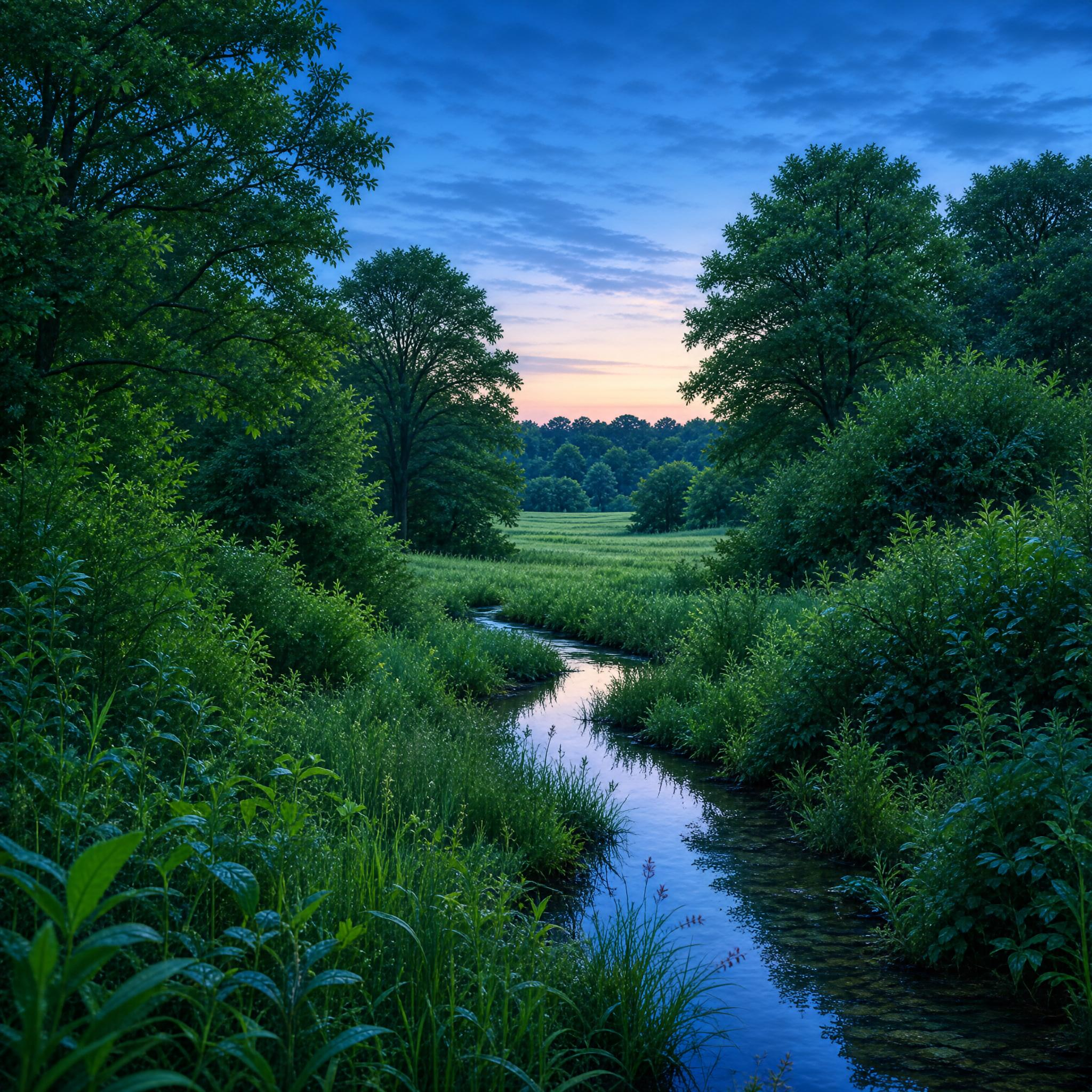 Serene Stream Through Greenery