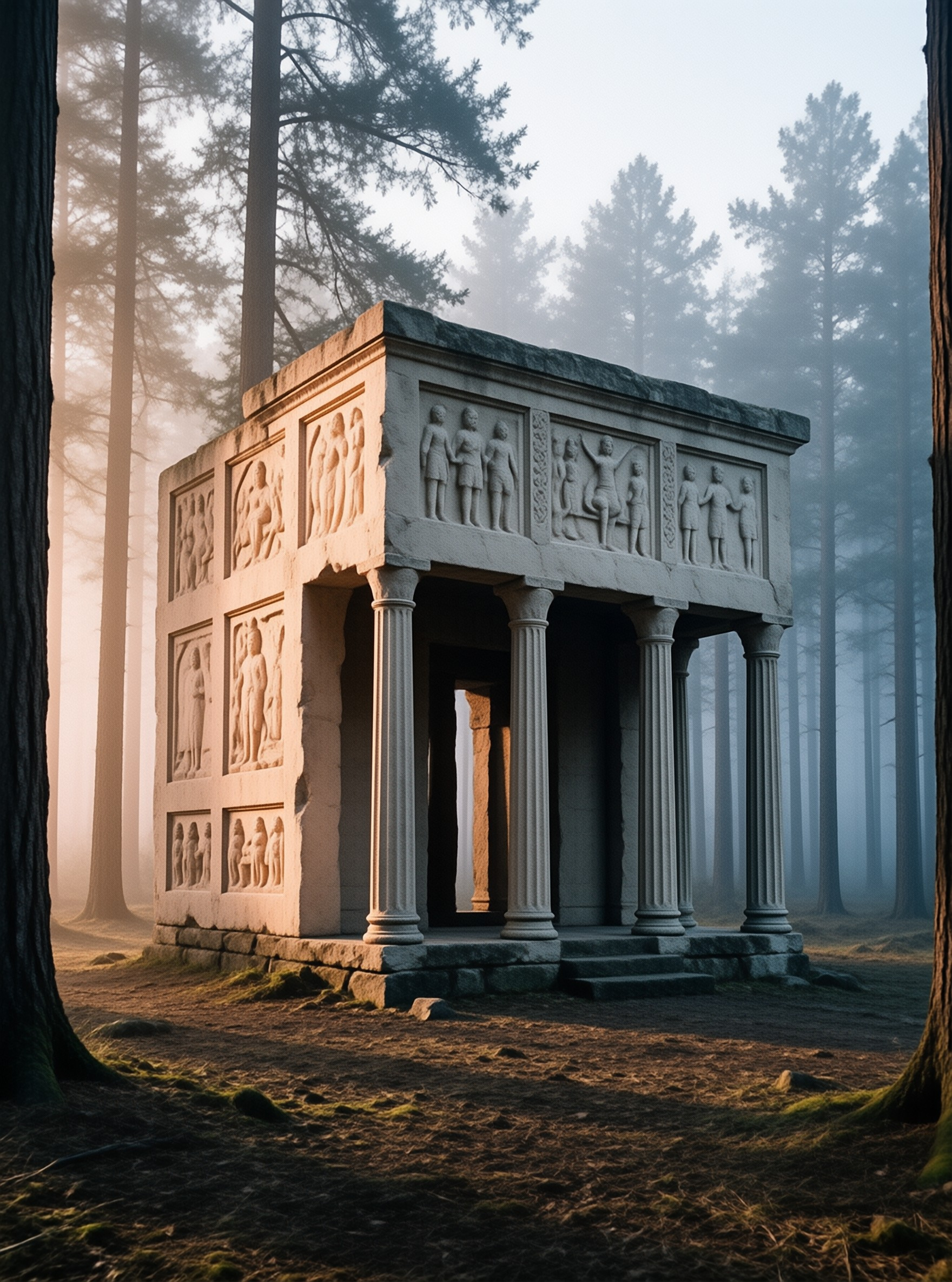 Ancient Temple in Misty Forest