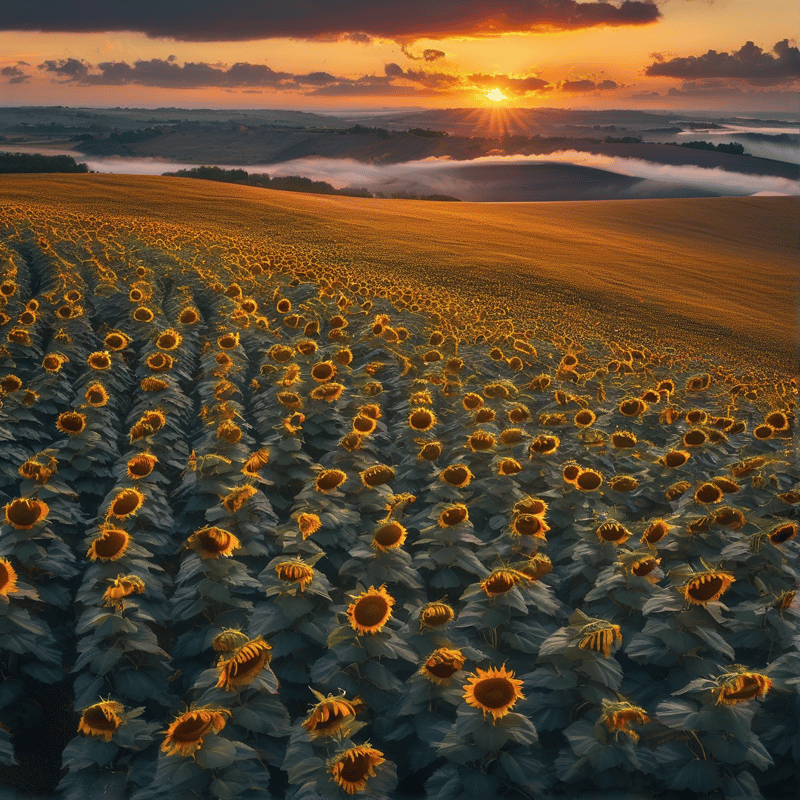 Rows of sunflowers stretch across rolling hills beneath a bright orange sunrise sky with low-lying mist filling the valleys.