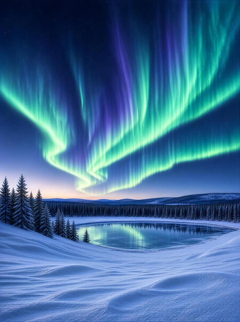 Northern Lights Over Snowy Lake