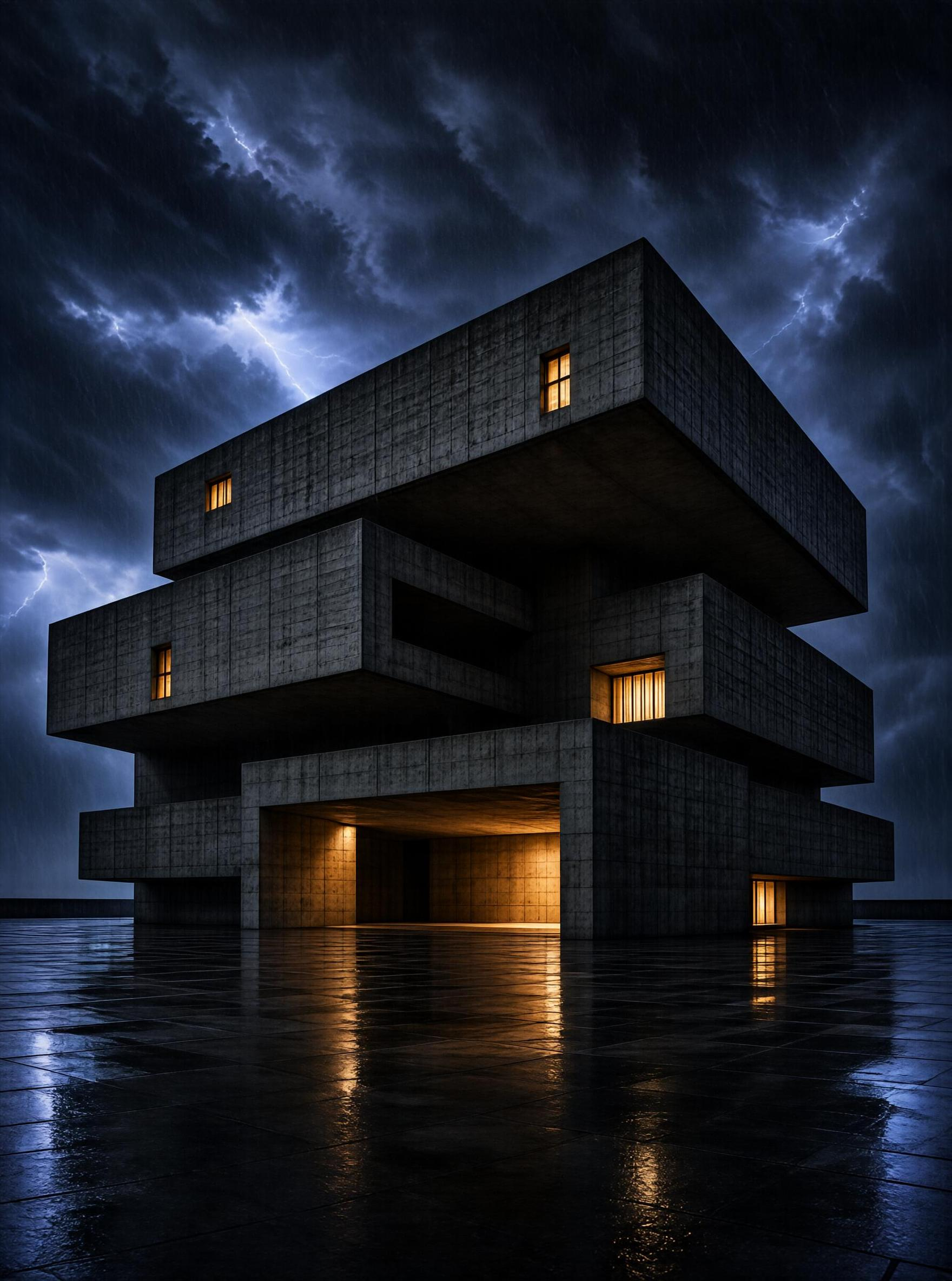 Modern Concrete Building in Stormy Night