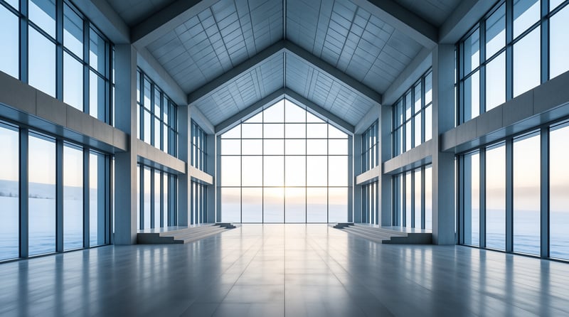 A large empty room with massive windows looks out onto a calm sea horizon under soft morning light.