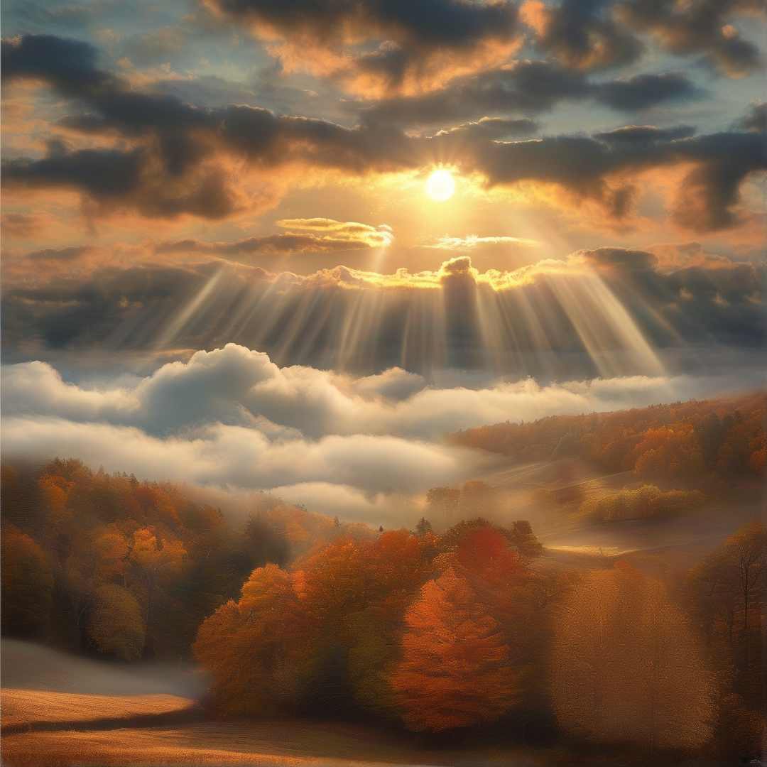Sunbeams Over Autumn Forest
