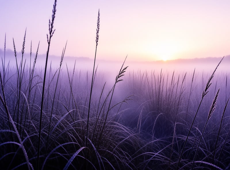 Delicate blades and feathery seed heads of wild grass stand out against a glowing pastel sunrise over a foggy field.