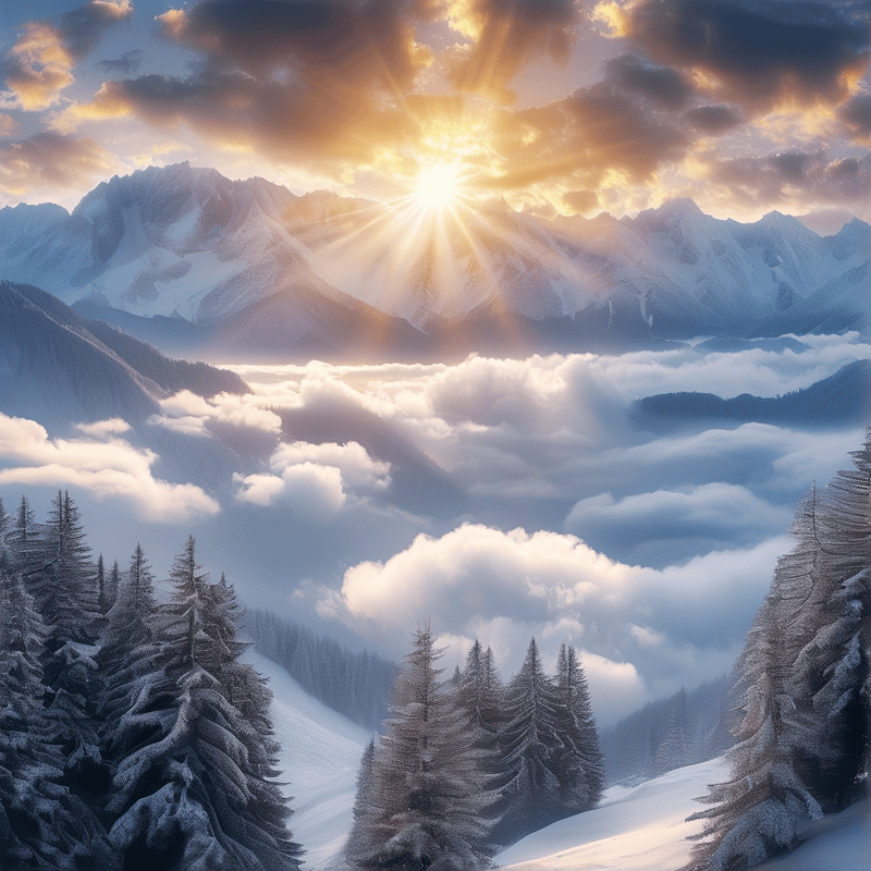 Sunrise Over Snowy Mountains