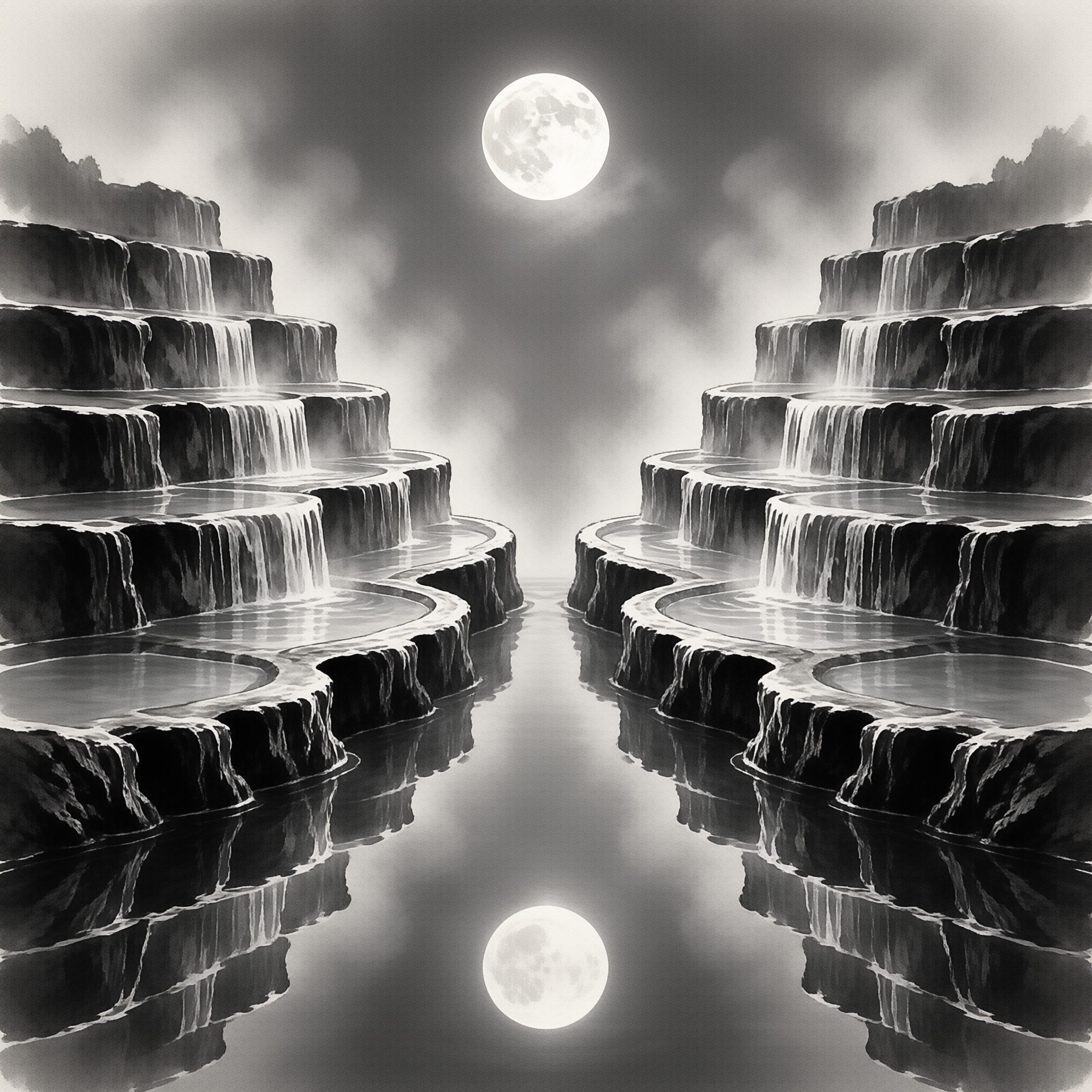 Symmetrical terraced waterfalls flow into a reflective pool beneath a bright full moon in a misty night sky.