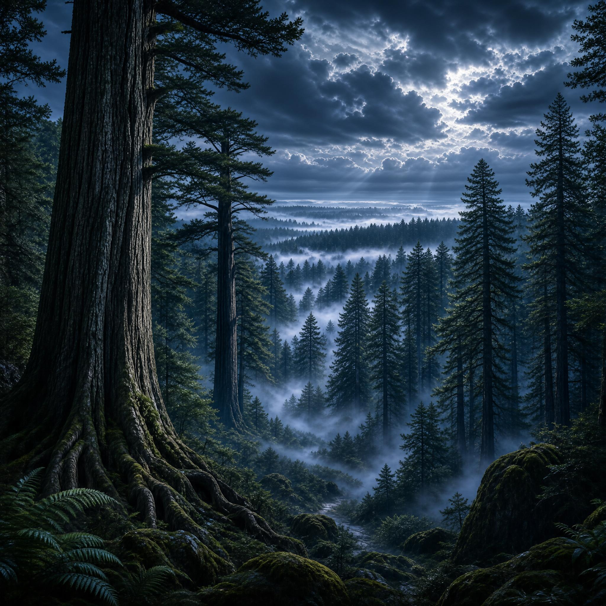 Misty Night in an Ancient Redwood Forest