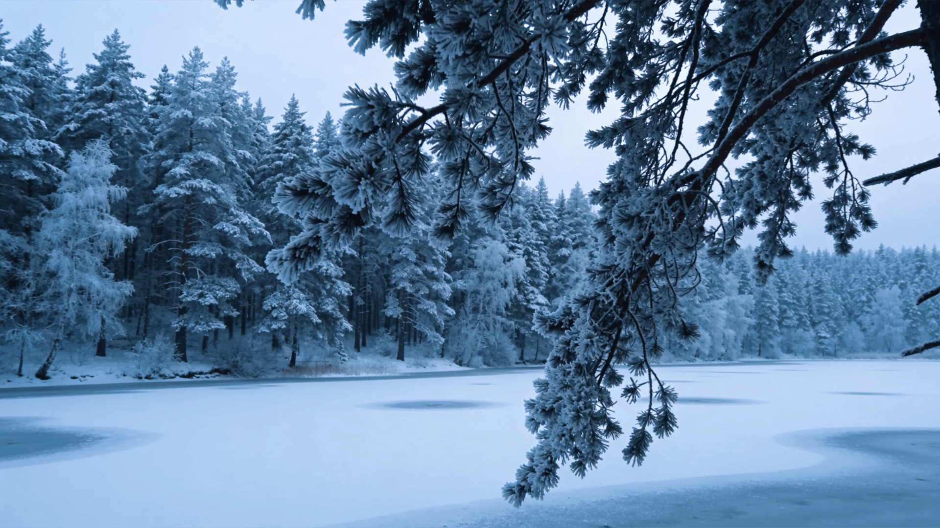 Snow-Covered Pines by a Frozen Lake