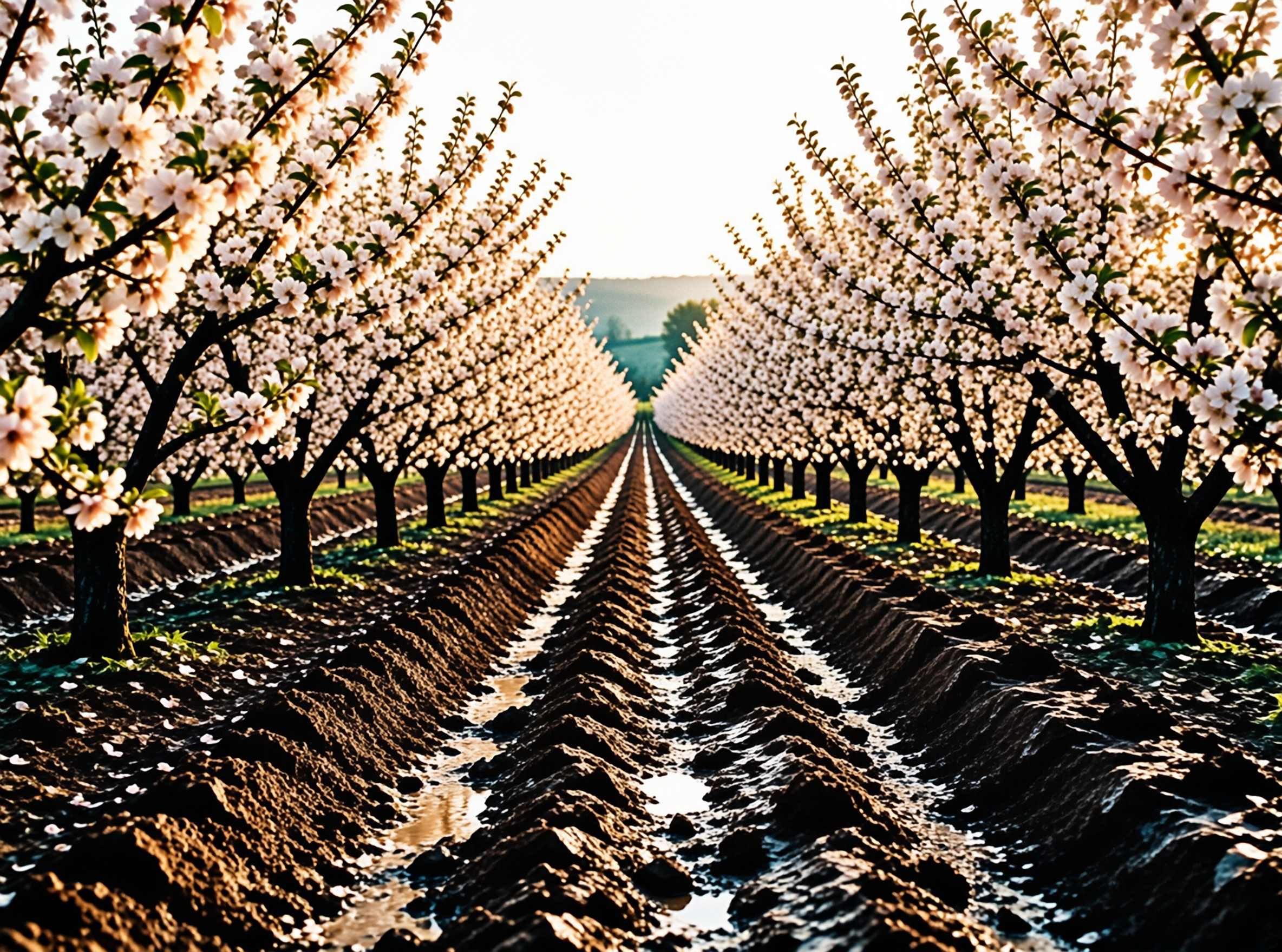 White flowering fruit trees line a field of dark tilled soil reflecting the warm morning sun.
