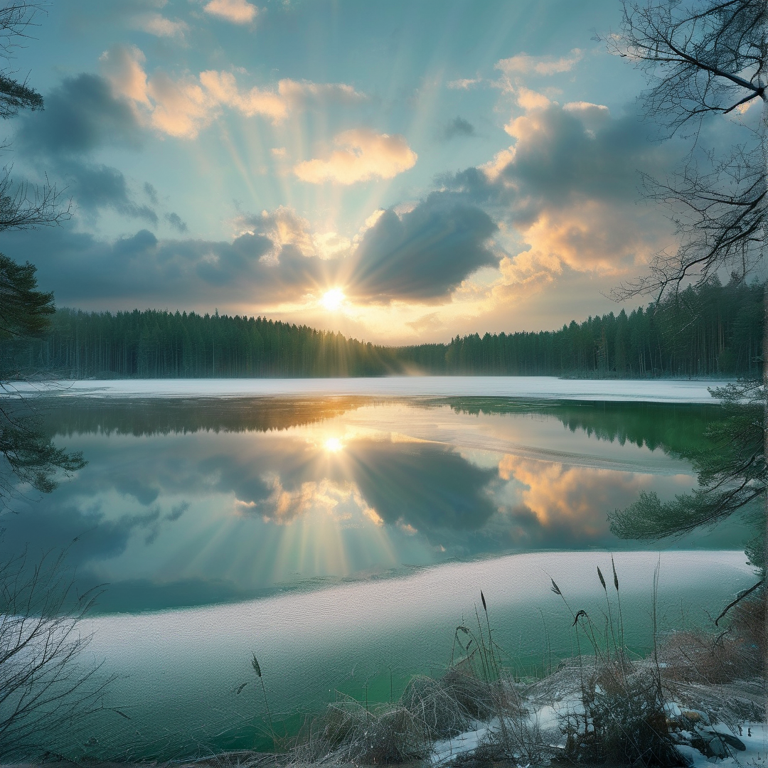 Sunbeams Over Frozen Lake