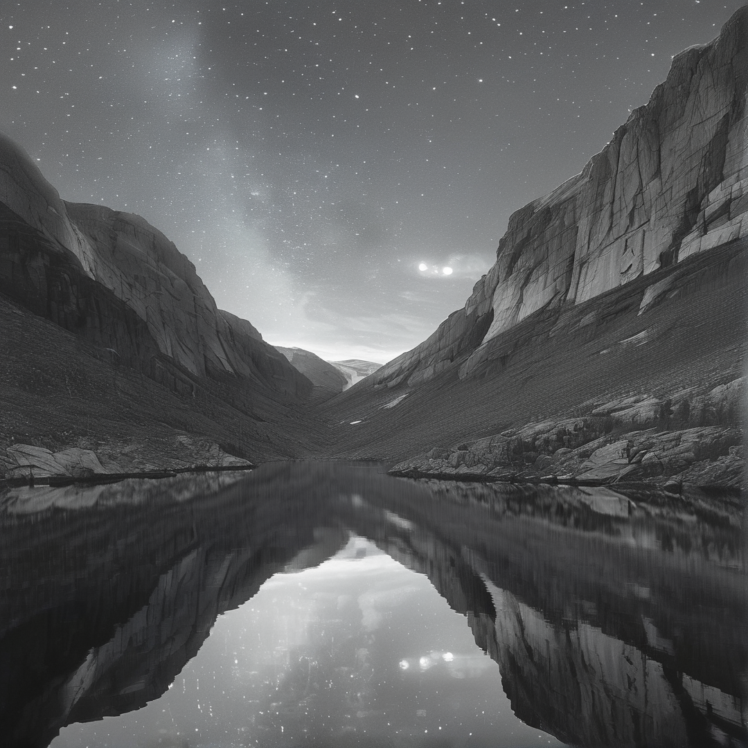 A monochrome photograph showing a still lake reflecting a starry sky and steep rocky canyon walls.