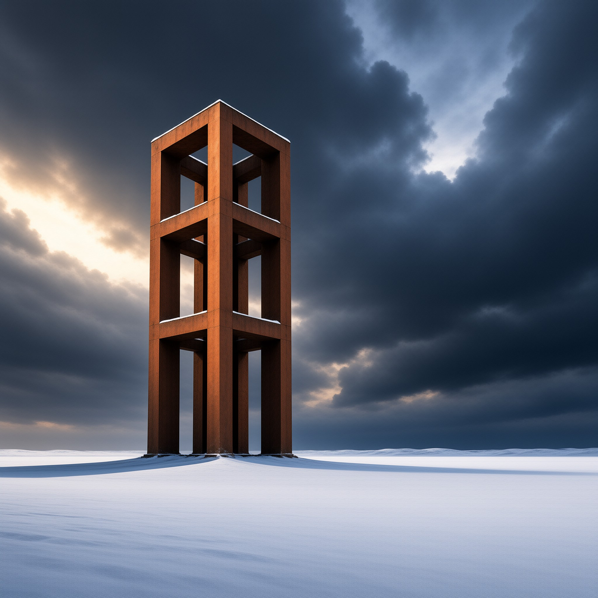 A rust-colored cage tower stands isolated on a snowy plain beneath a dramatic sky with sunlight breaking through clouds.