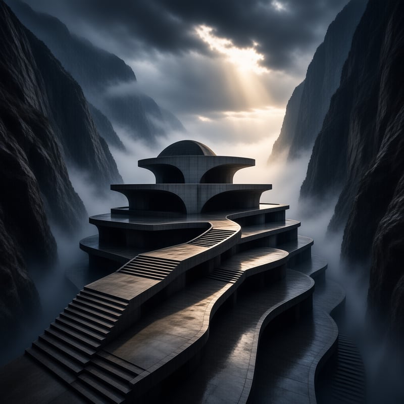 Stone Temple Tower In Misty Valley Sunbeam