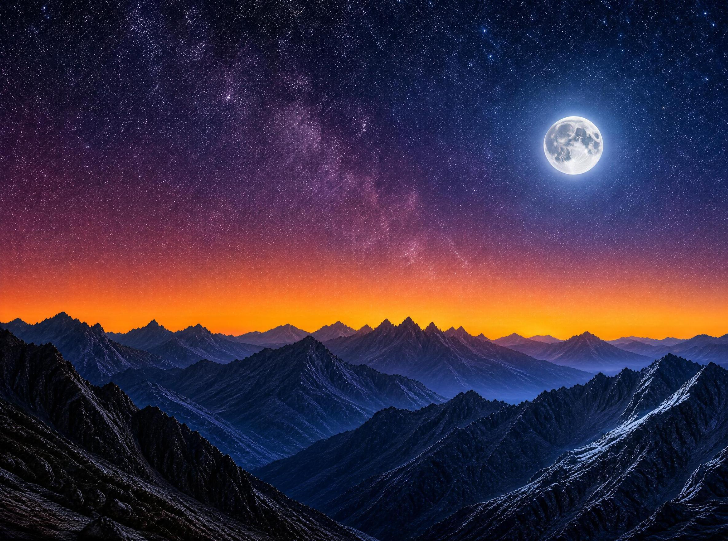 Night Mountain Landscape with Moon and Stars
