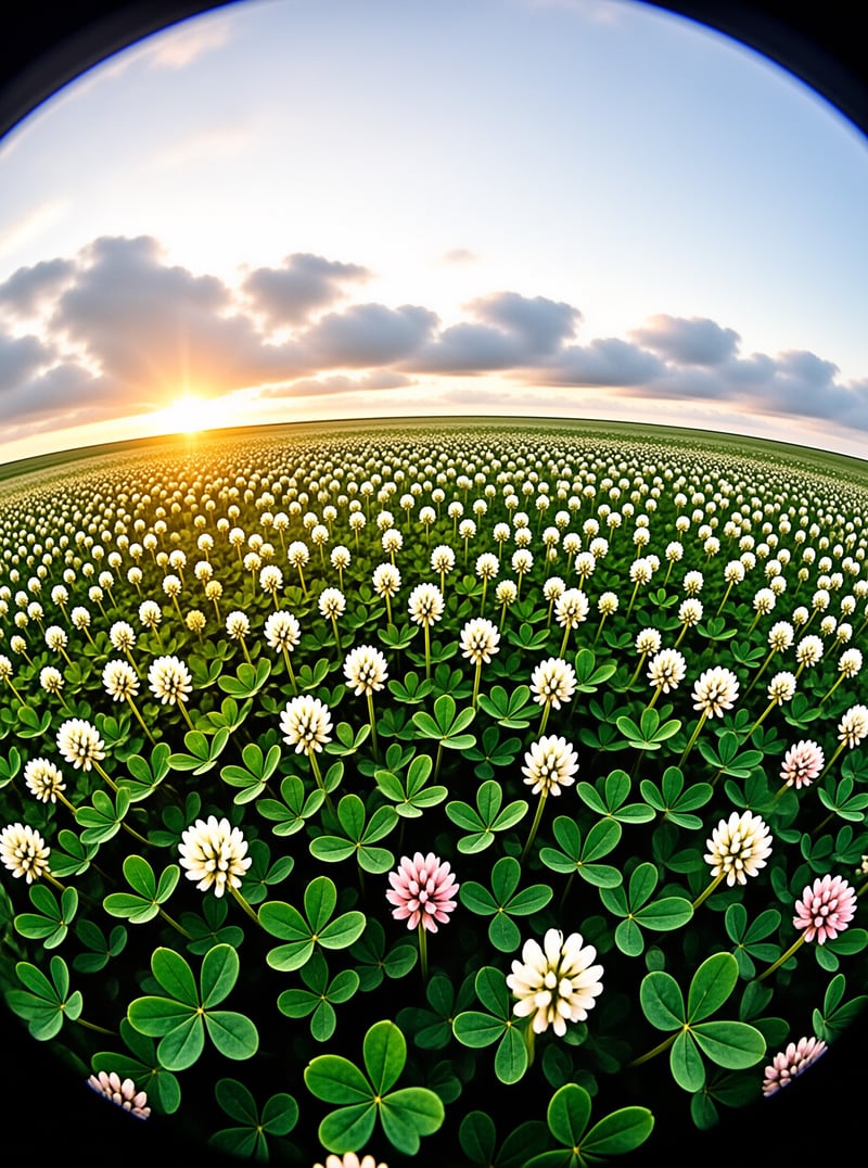 Vast meadow of white trefoil blooms stretches toward horizon where sun sets behind scattered clouds.