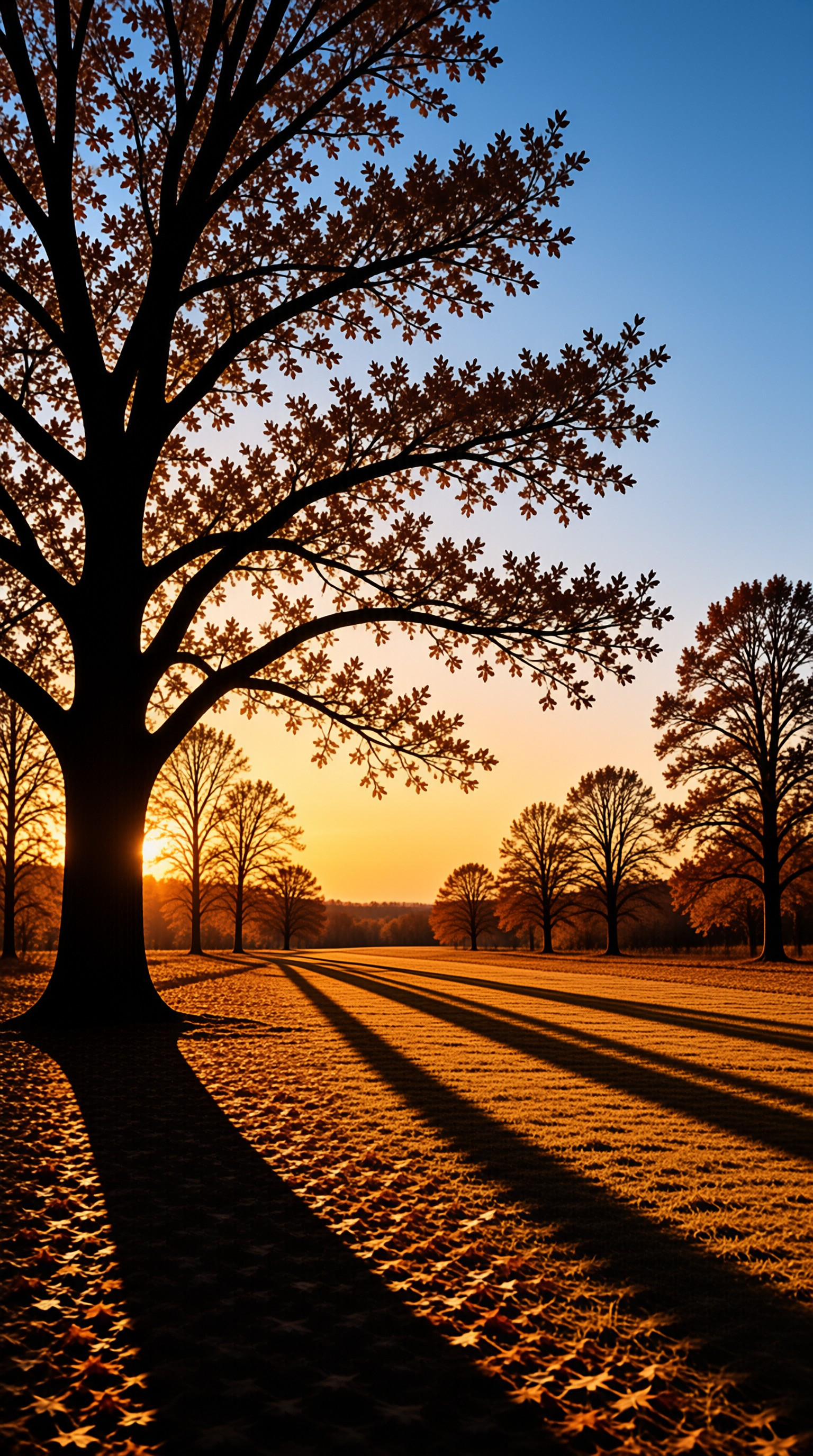 A large oak tree silhouettes against a warm sky as long shadows stretch across a field covered in autumn leaves.