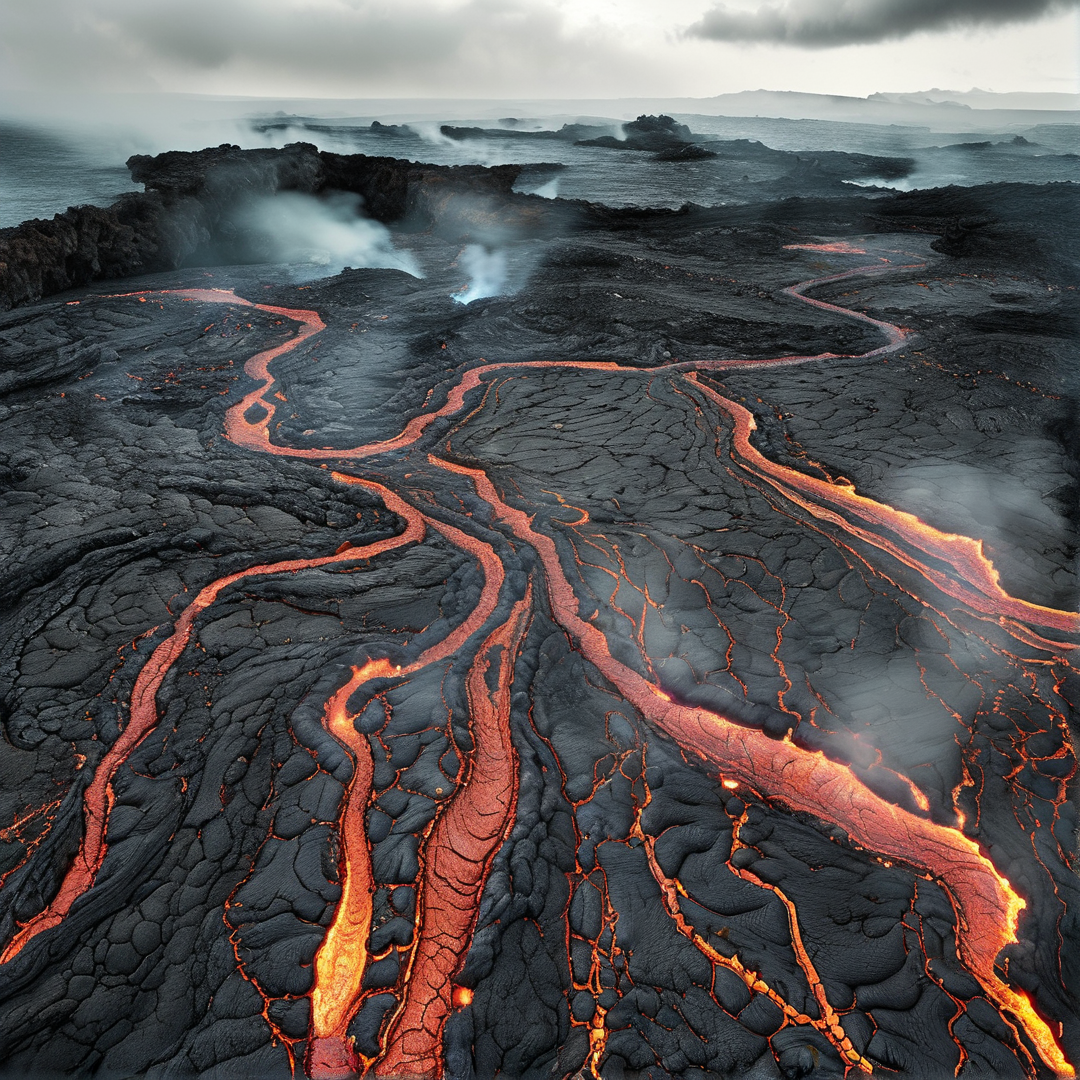 Glowing orange lava streams flow across cracked black basalt rock near a steamy shoreline with dark clouds overhead.
