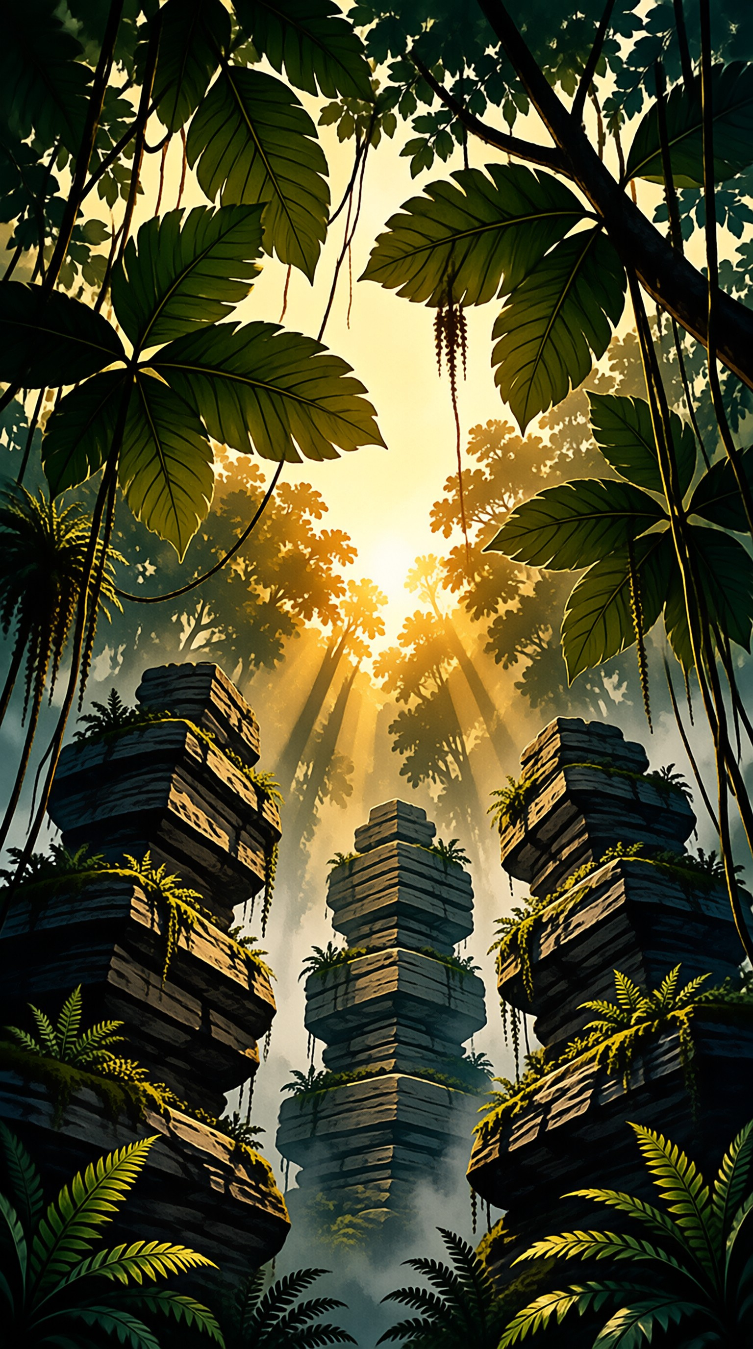 Ancient mossy stone towers stand in a lush tropical jungle while golden sunlight filters through heavy overhead leaves.