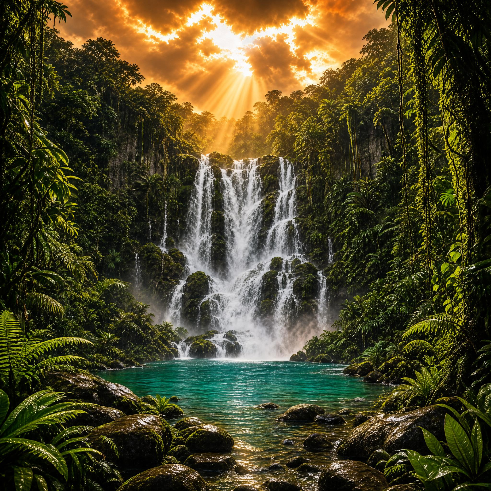 Sunlit Tropical Waterfall