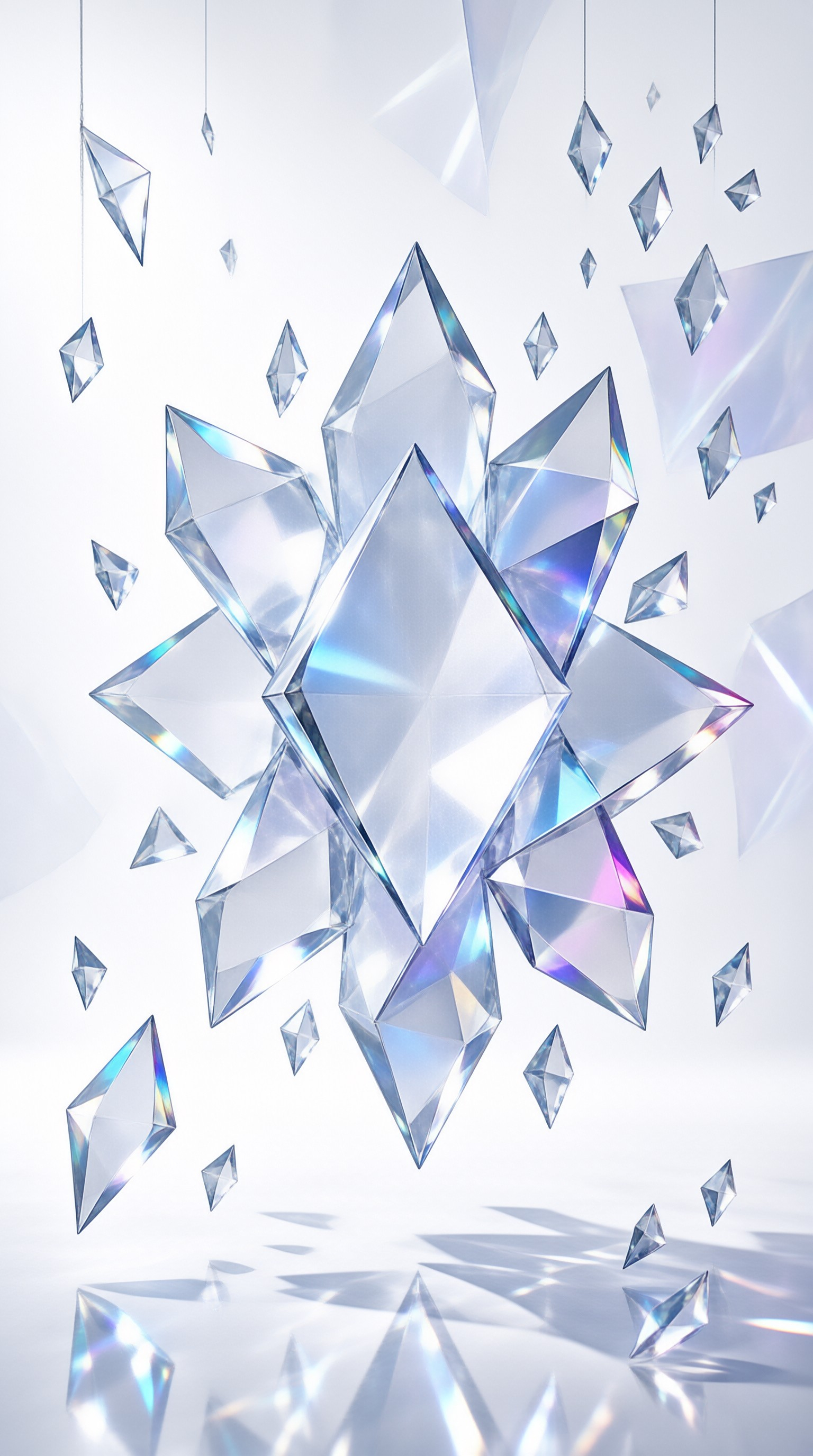 A large geometric crystal structure hovers centrally while smaller fragments scatter against a bright white background.
