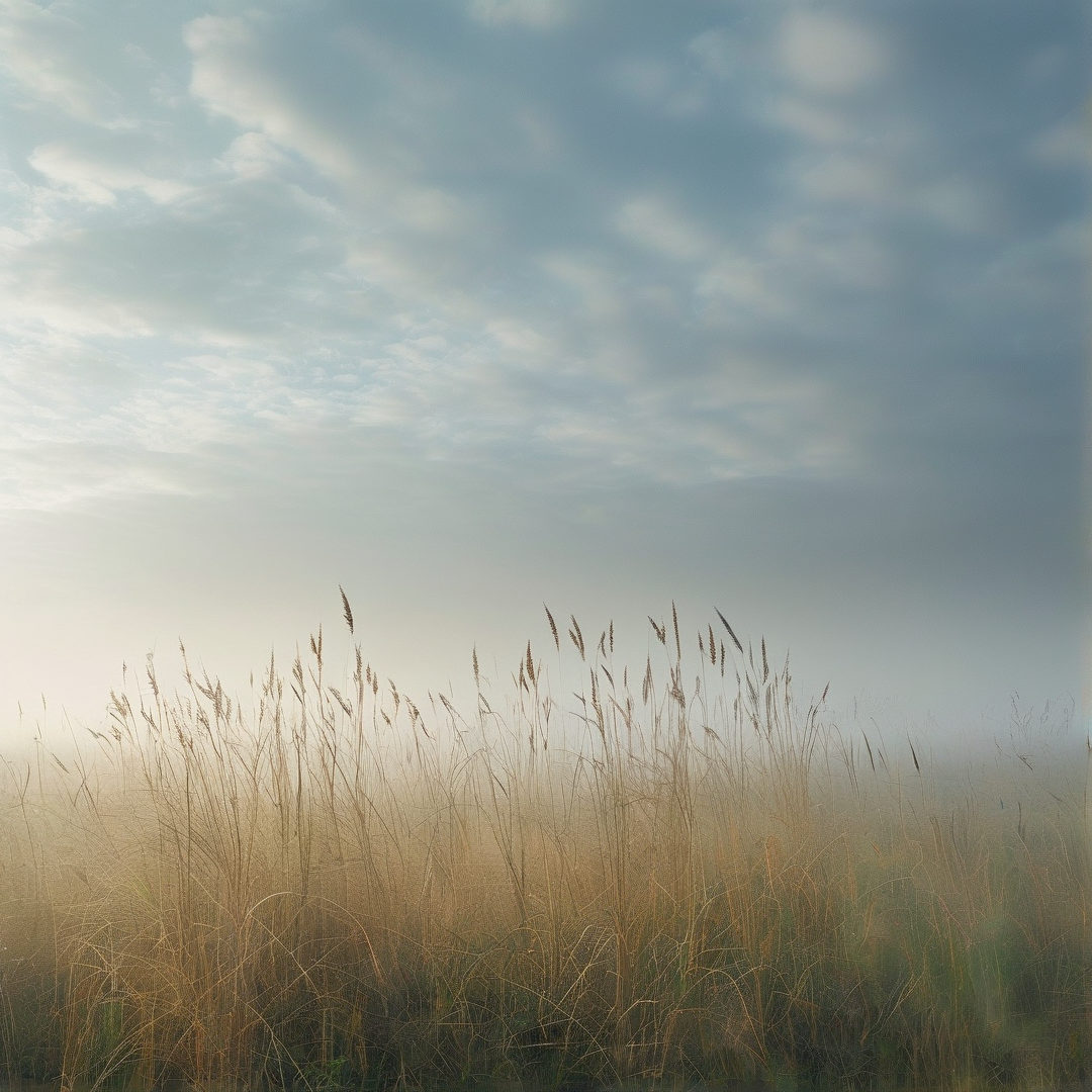 Thin brown grass blades stand out against a backdrop of heavy mist and pale blue clouds.