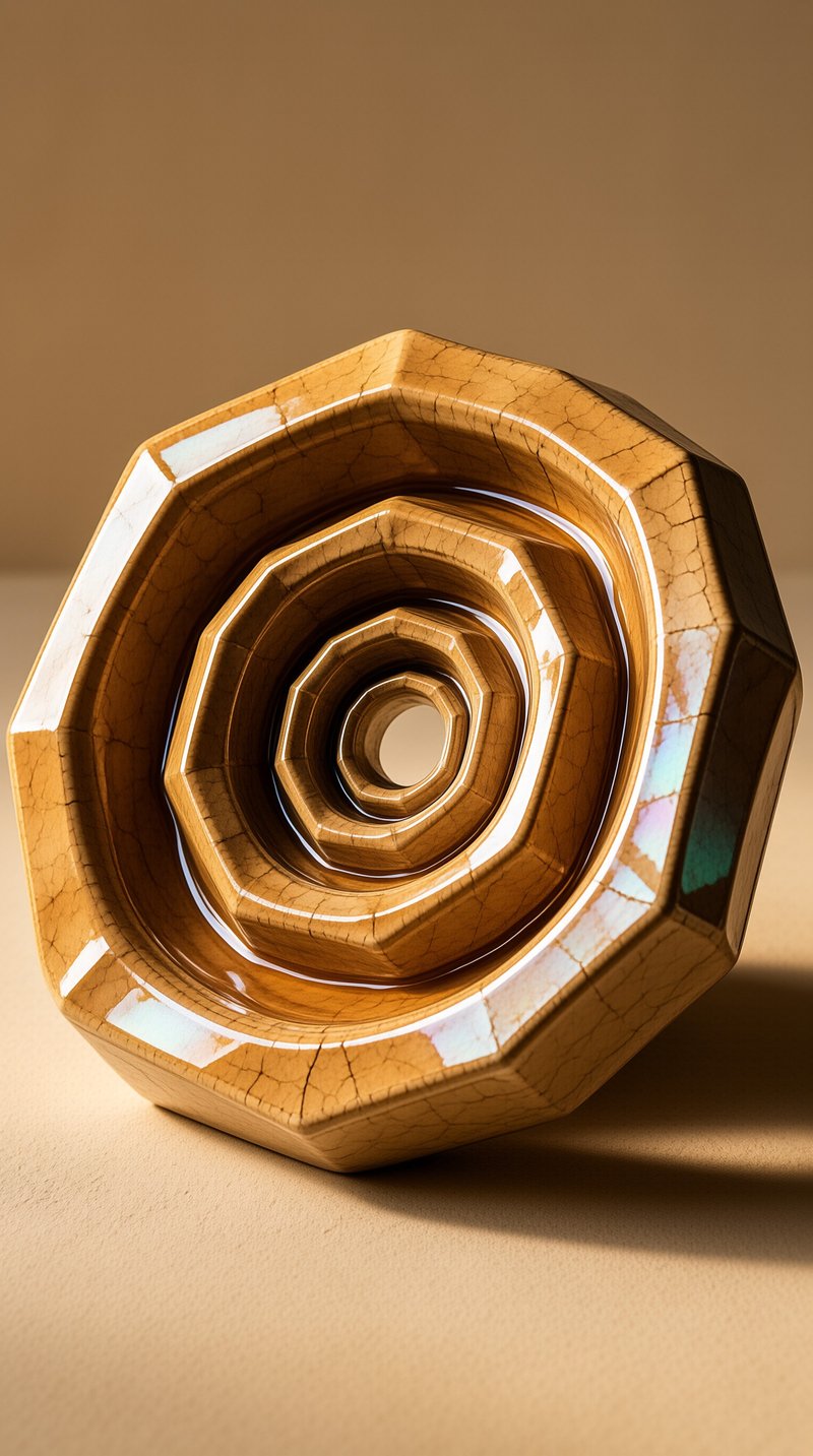 A glossy ceramic disc with nested polygonal openings receding to a central hole, set against a warm neutral backdrop.