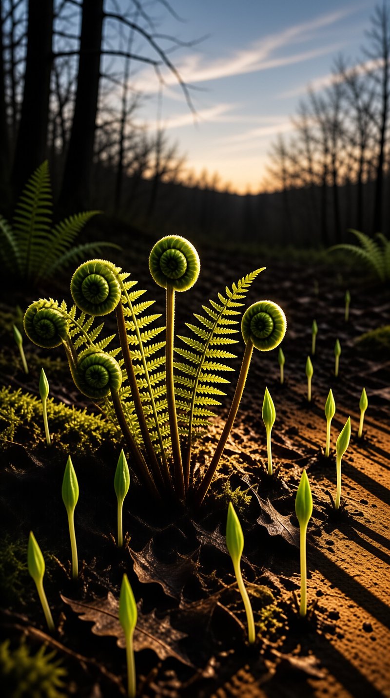 Bright green fern fiddleheads and sprouts stand on the dark forest floor illuminated by warm sunset light.