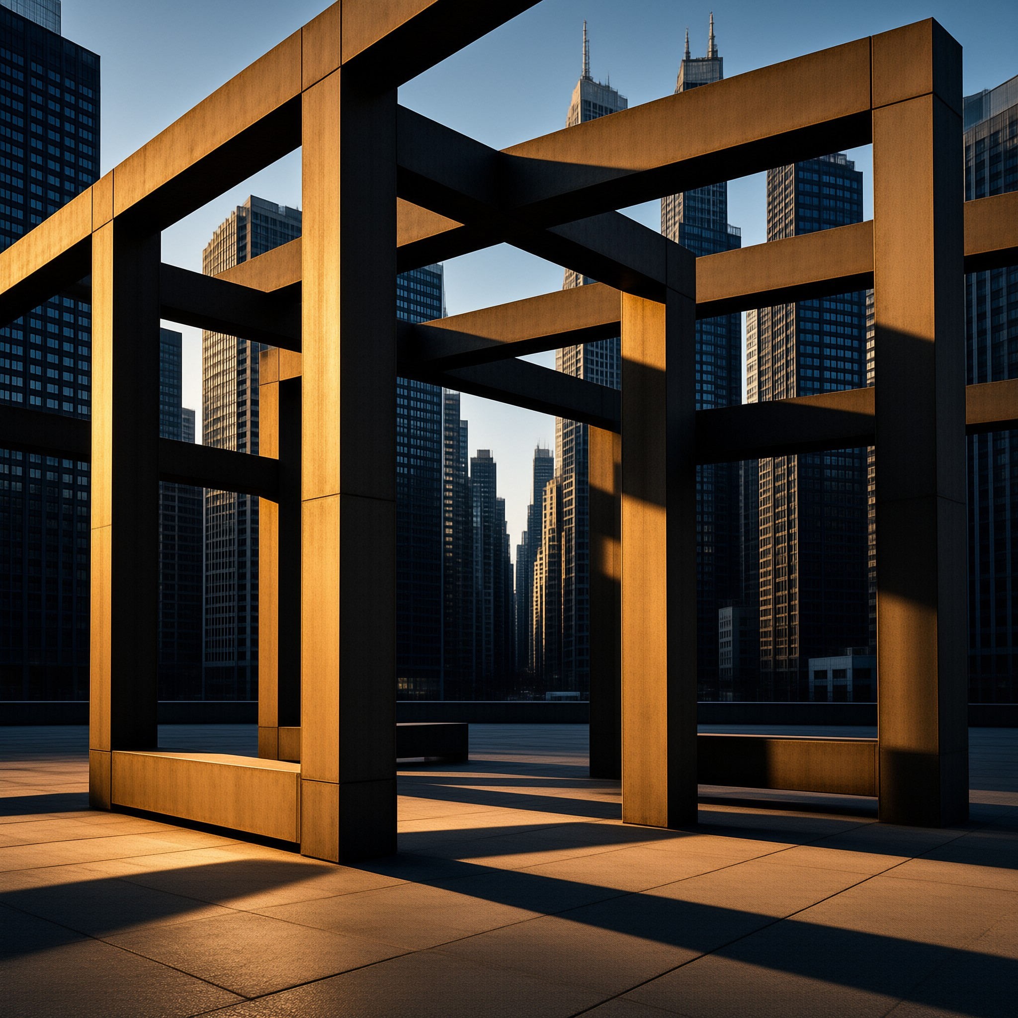 A geometric rust colored steel art installation stands in an open plaza with tall downtown skyscrapers visible through its interlocking frames lit by low warm sunlight.