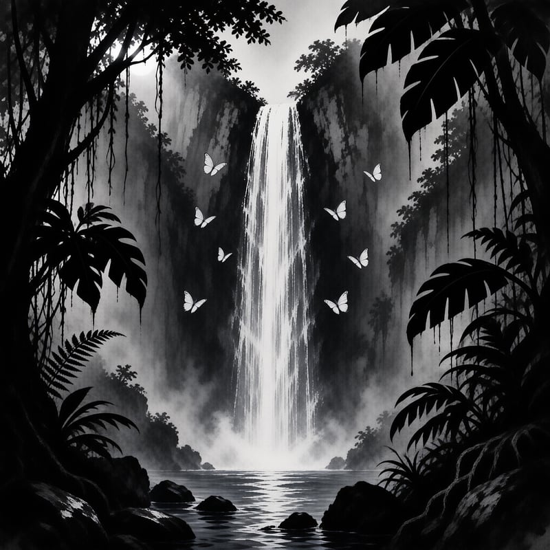 A monochrome view of a tall waterfall surrounded by silhouetted jungle plants and several white butterflies in flight.