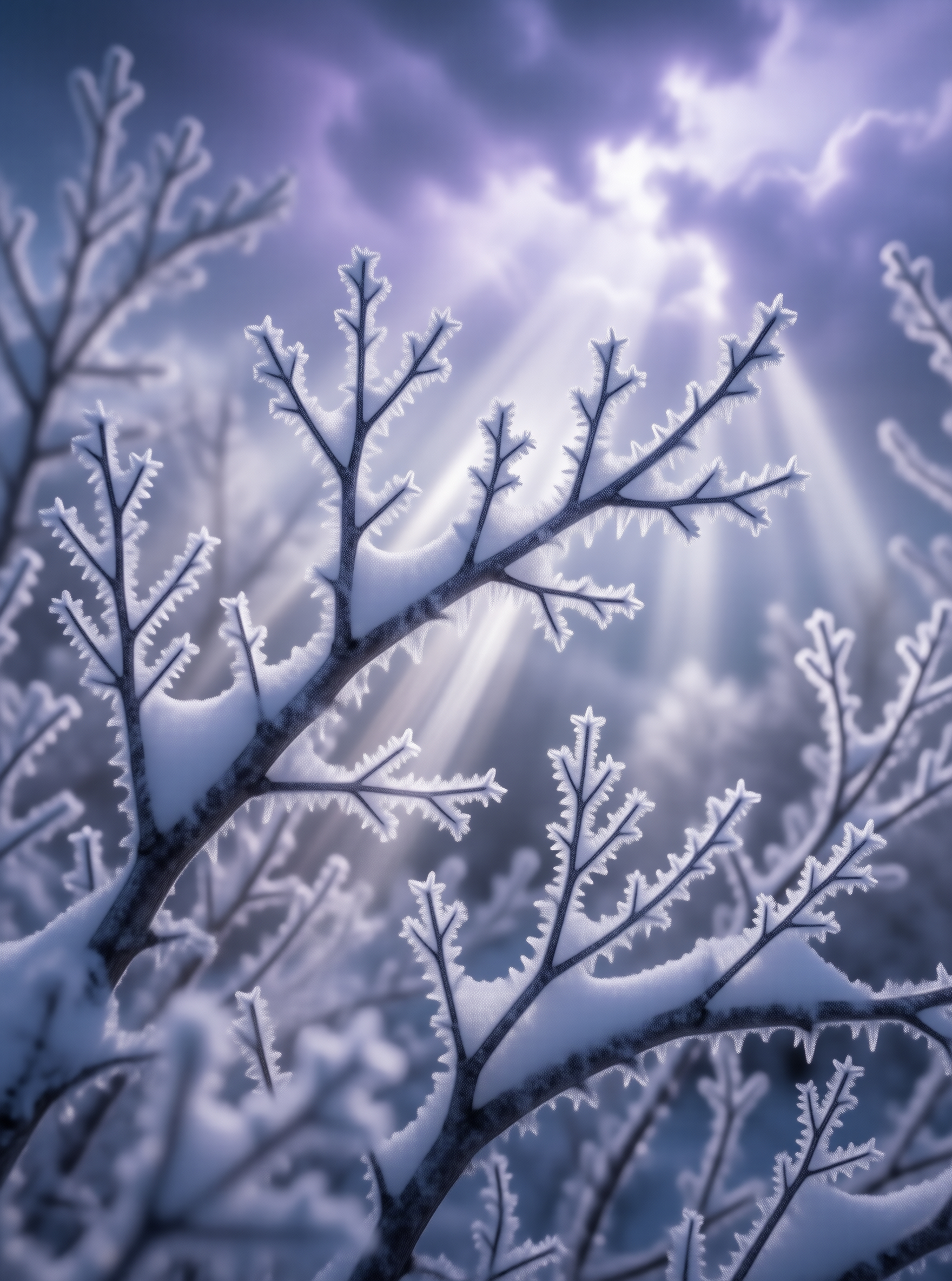 Snowy Branches Under Purple Sky