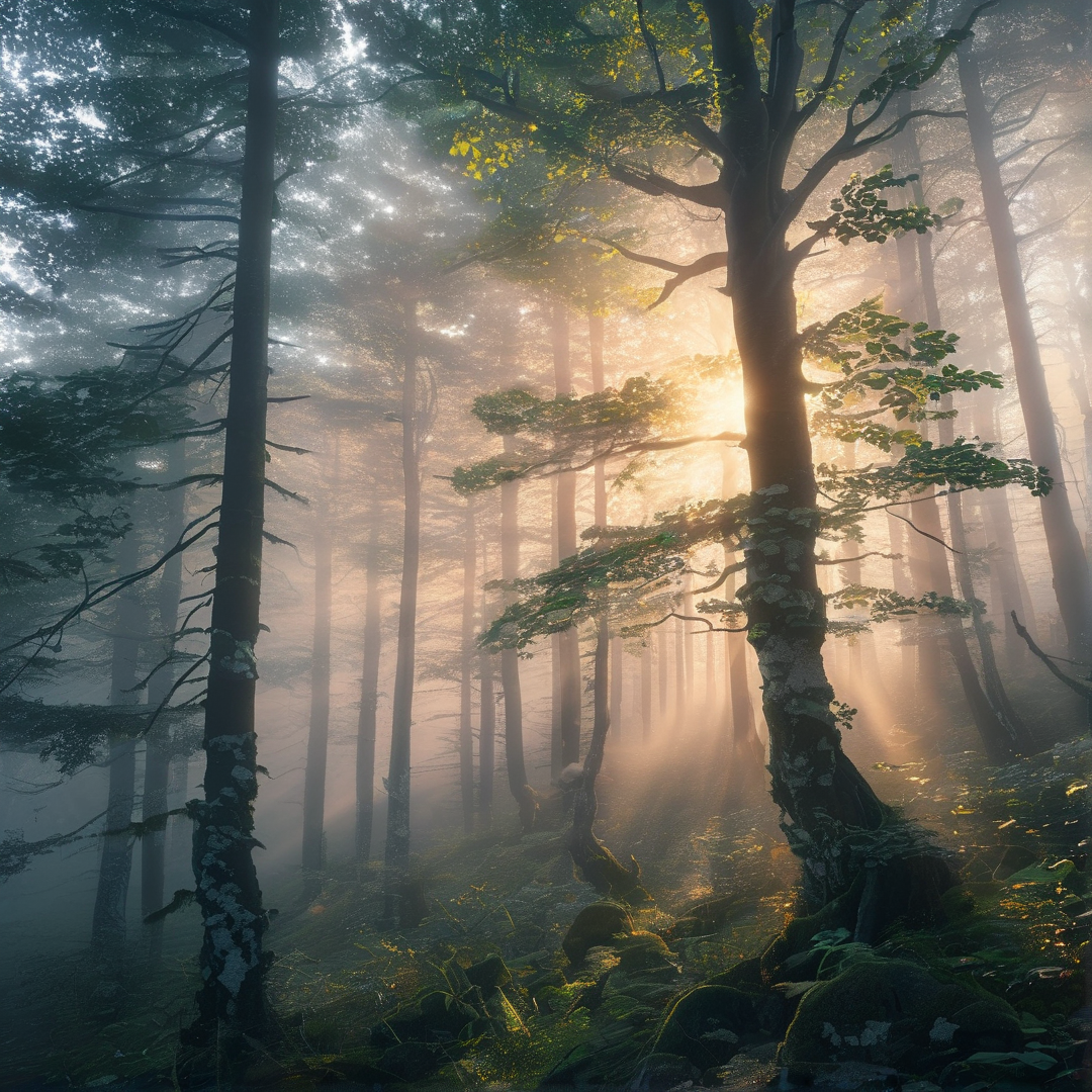 Sunlight in the Misty Forest
