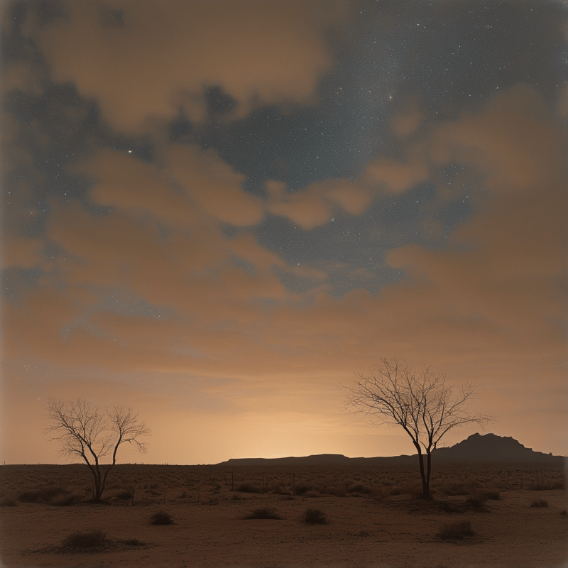 Two bare trees stand in a desert landscape beneath warm orange clouds and scattered stars.