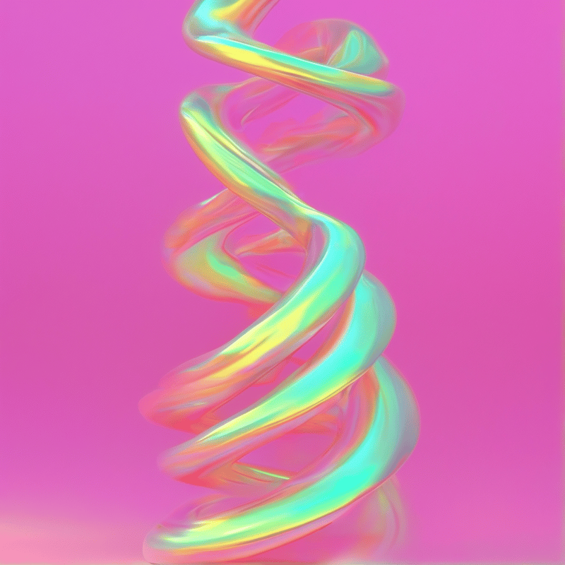 A twisted iridescent shape floats vertically against a solid magenta background.