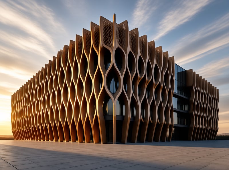 A modern building features a wavy perforated facade glowing in warm evening light against a blue sky.