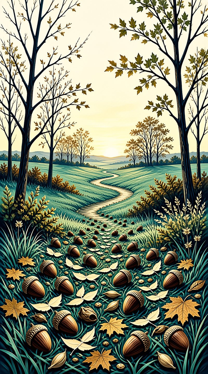 A winding grassy path stretches through autumn hills dotted with falling leaves and dark trees under a soft pale sunset sky.