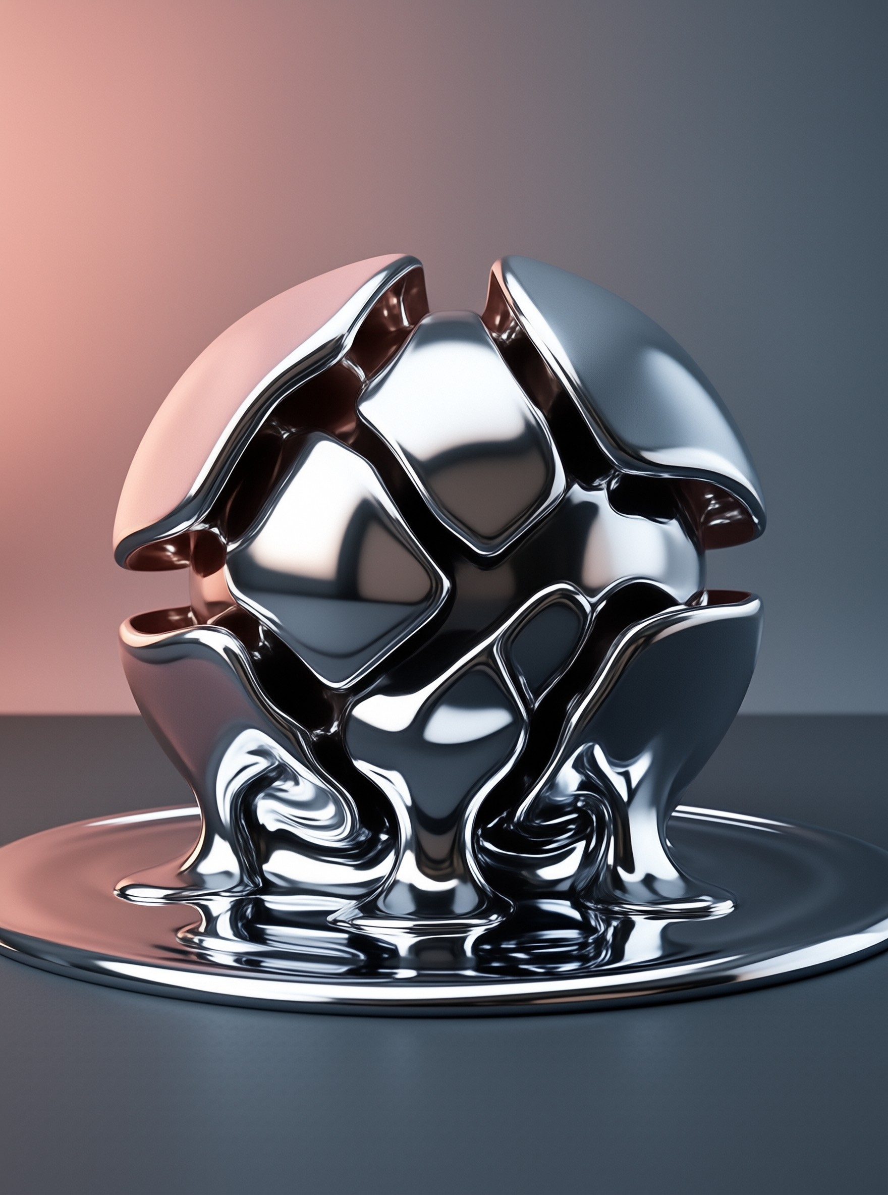 A polished metallic orb breaks apart into glossy liquid-like segments that pool onto a reflective circular base