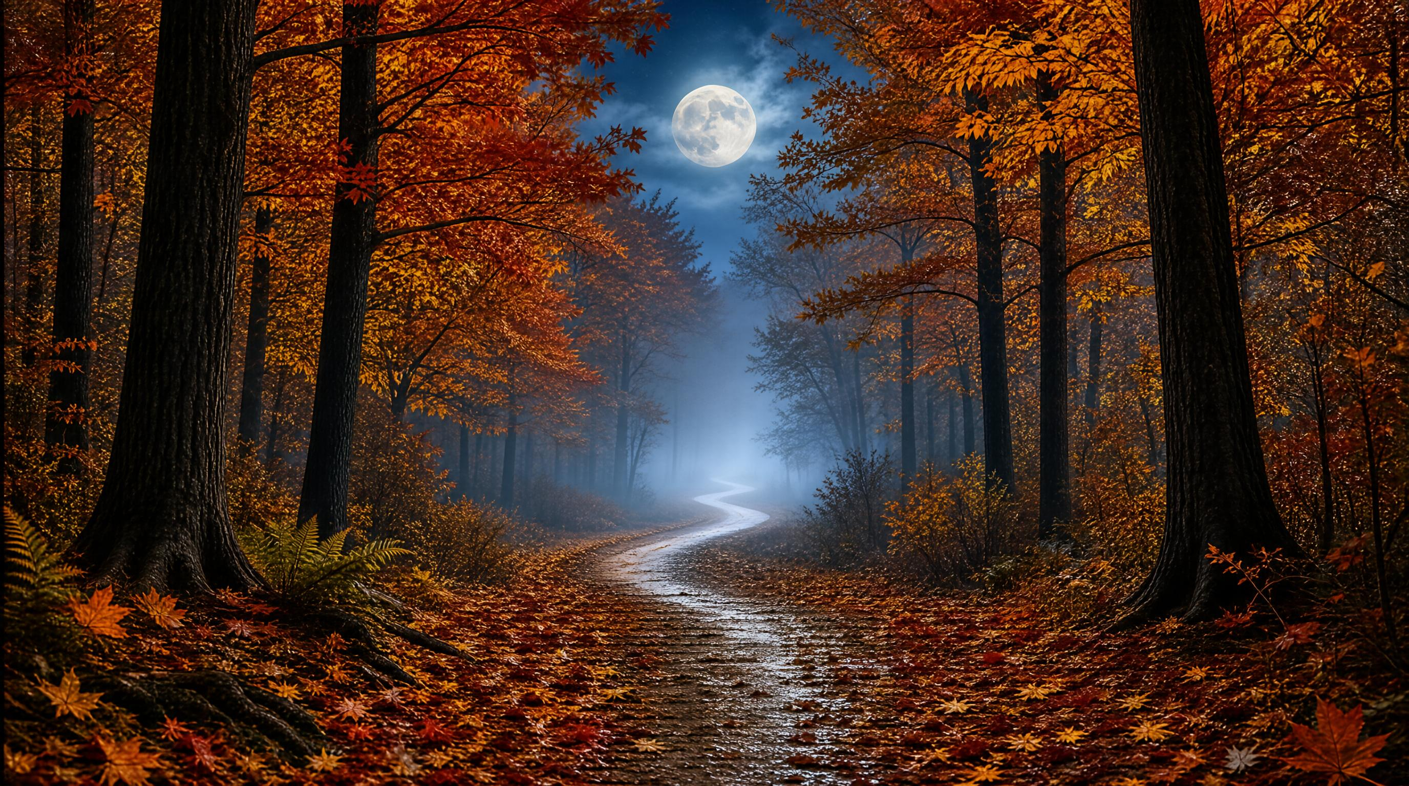 Autumn Forest Path Under Full Moon