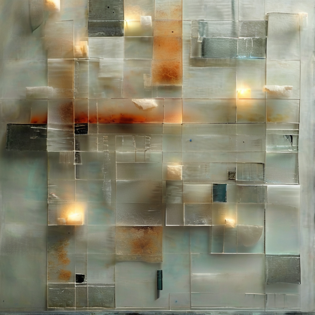 Geometric mosaic artwork with rectangular panels in muted tones and scattered warm glows for a hazy atmospheric effect.